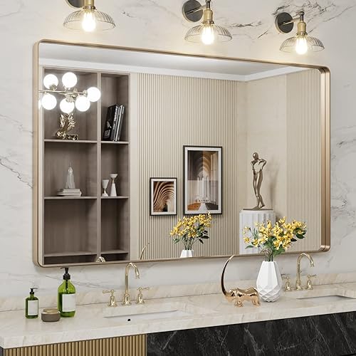 Miniatura 28 de LOAAO - Espejo de tocador para baño con marco de metal negro mate de 24 x 32 pulgadas para pared, rústico, rectangular, grande, redondeado