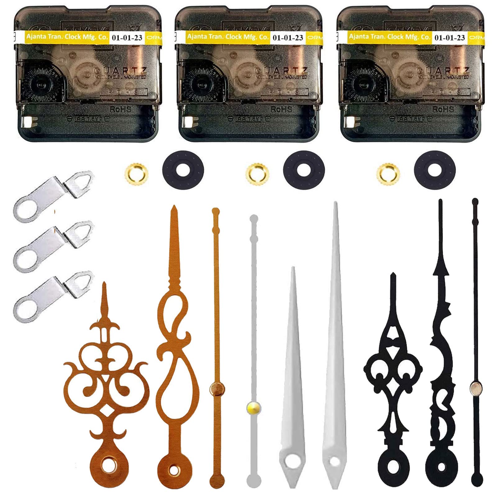 VIAANISH Combo of 3 Ajanta Mfg. Quartz Plastic Ticking Wall Clock Machine Only with Designer Metal Clock Hands (Gold-Black- White)