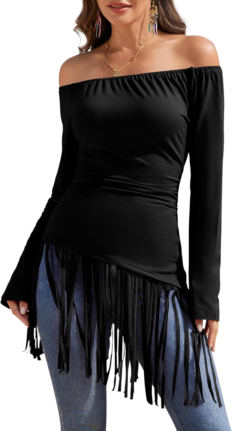 Tassel Shirts for Women Off The Shoulder Long Sleeve Western Cowgirl Stretchy Fringe Tops Country Concert Outfits