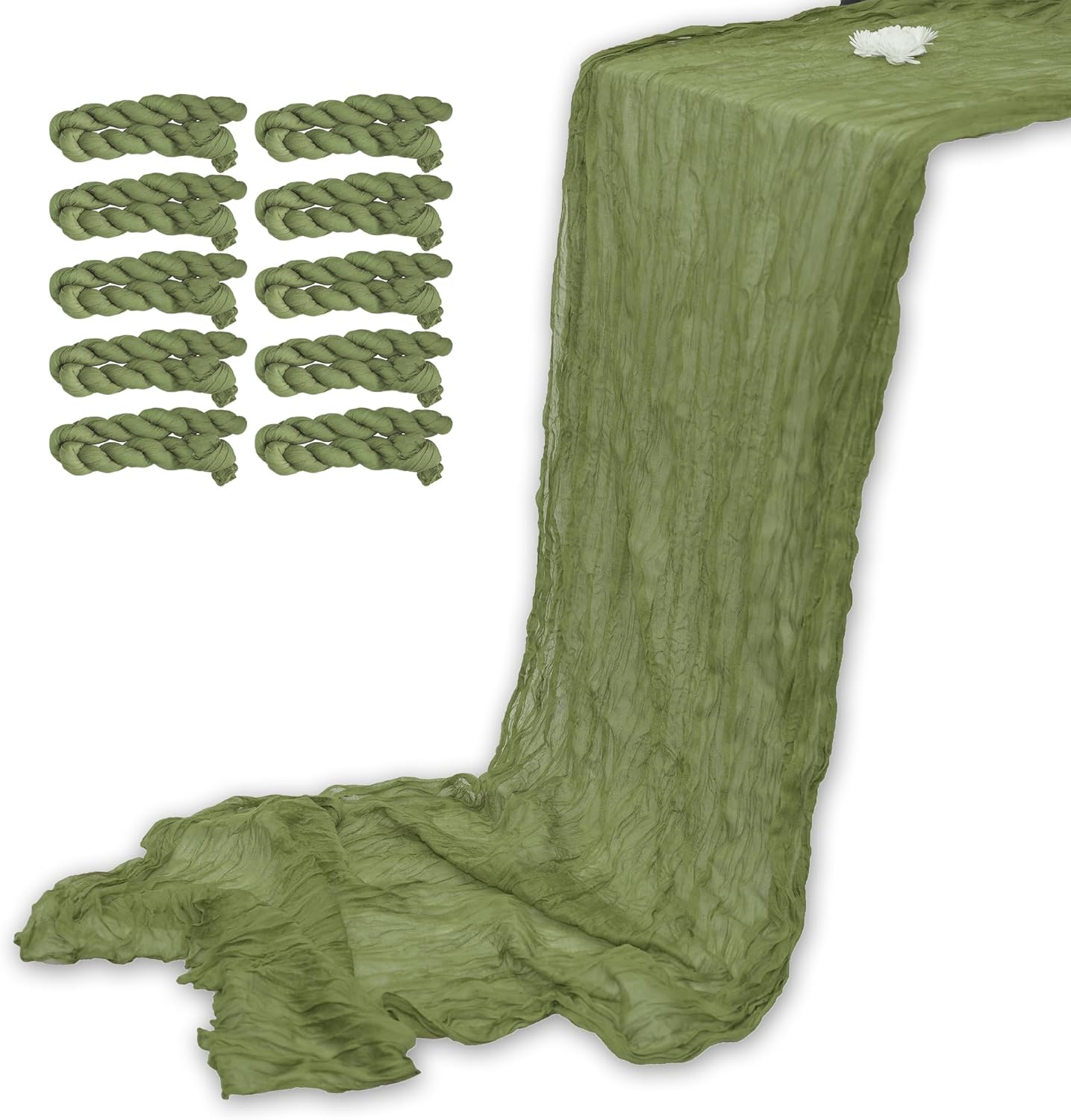 Cheesecloth Table Runner Summer Boho Rustic Farmhouse Gauze 120 inch 10FT Cheese Cloth Runner for Wedding Party Baby Shower Birthday Home Decor Holiday Decorations (Bean Green, 10 Pcs-10 FT)