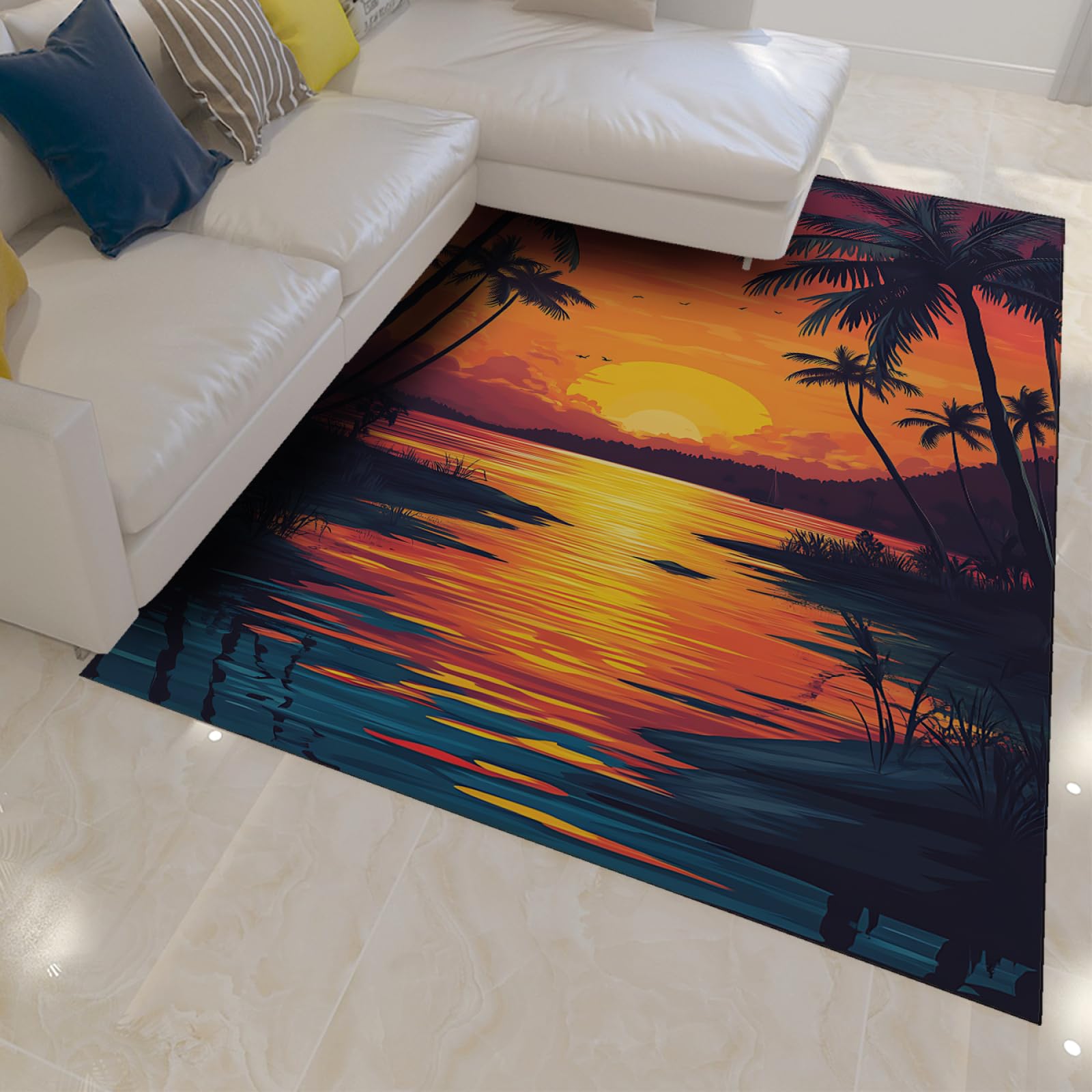Tapis palmier tropical 140x200 cm lavable et doux pour decoration de villa et chambre