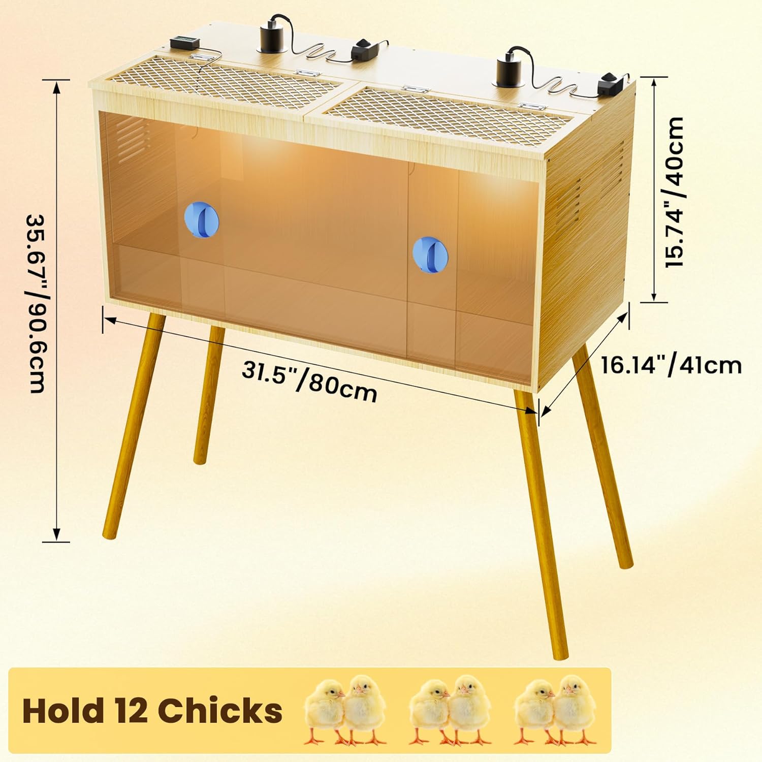 Brooder Box for Chicks, 32 Inch Wooden Large Chicken Brooder Box with 75W Heat Lamps, Thermometer, Chicken Feeder, Waterer Set, Tin Foil, Breeding Kit for 12-15 Chicks Ducks Quail with Legs