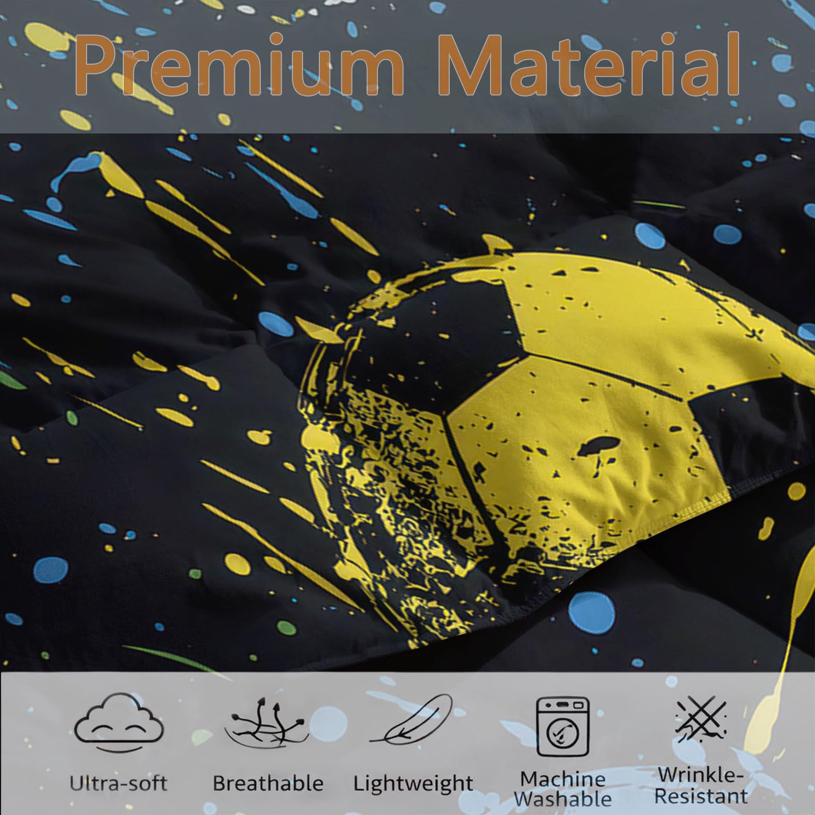 Piumino senza rivestimento sportivo con stelle di calcio, 135 x 200 cm, con federa da 80 x 80 cm, set da 3 pezzi per persone allergiche, 4 stagioni, caldo e morbido, lavabile, blu giallo