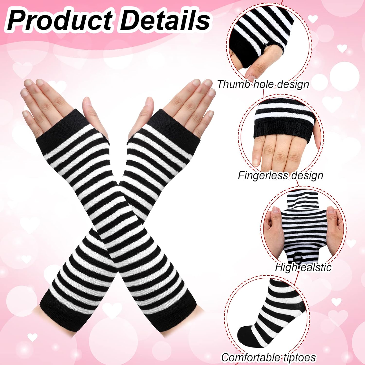 SATINIOR 4 Pairs Women's Striped Arm Warmer Long Striped Socks Knit Fingerless Gloves Set Winter Costume (Black-White, Black-Red) - Image 4