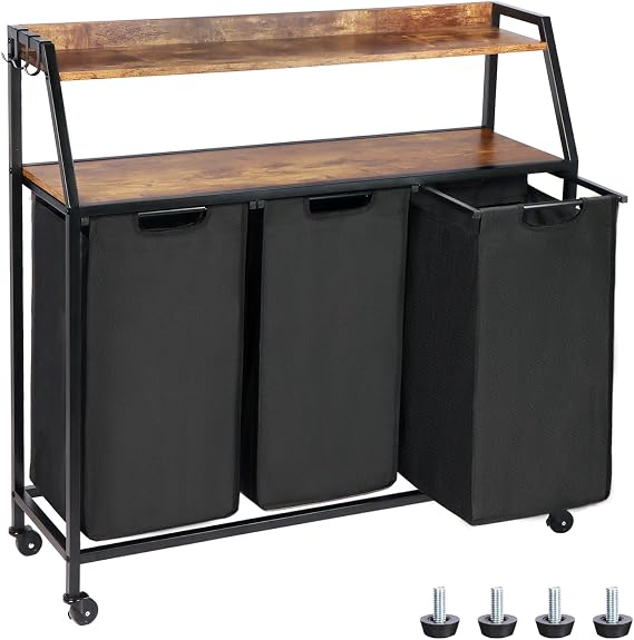 Laundry Hamper, Laundry Sorter 3 Section, Rolling Laundry Basket with Wheels, 2 Shelves, 3 × 14.5 Gal, Pull-Out and Removable Laundry Bags, for Laundry Room, Black and Rustic Brown