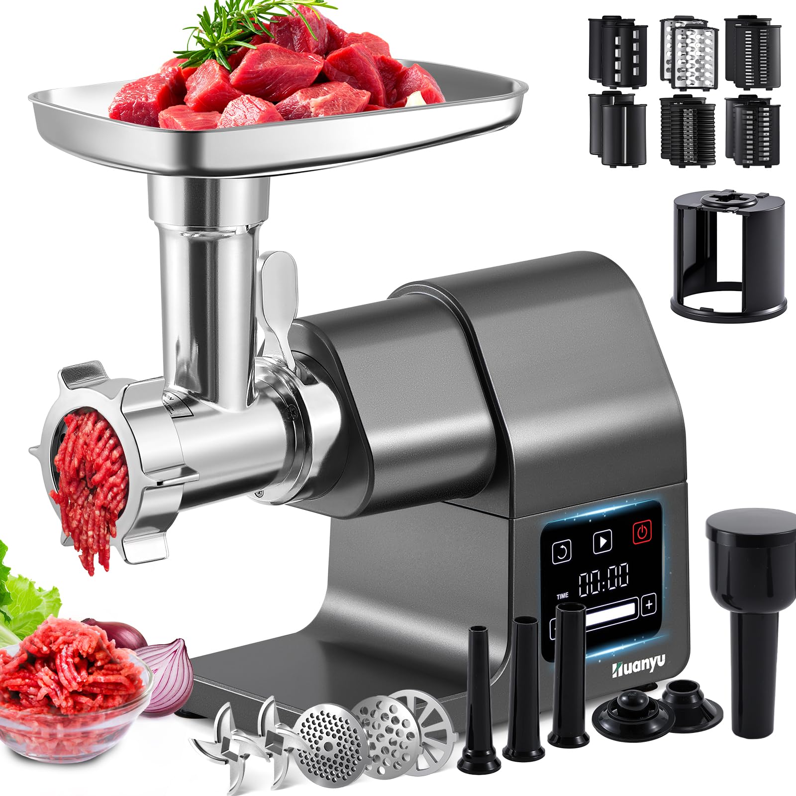 Huanyu 2000W Max Power Heavy Duty Electric Meat Grinder Veggie Shredder and Ice Shaver with Touchscreen, 2 Blades, 3 Plates, Sausage Tubes and Kubbe Kit #10 Outlet for Home Use