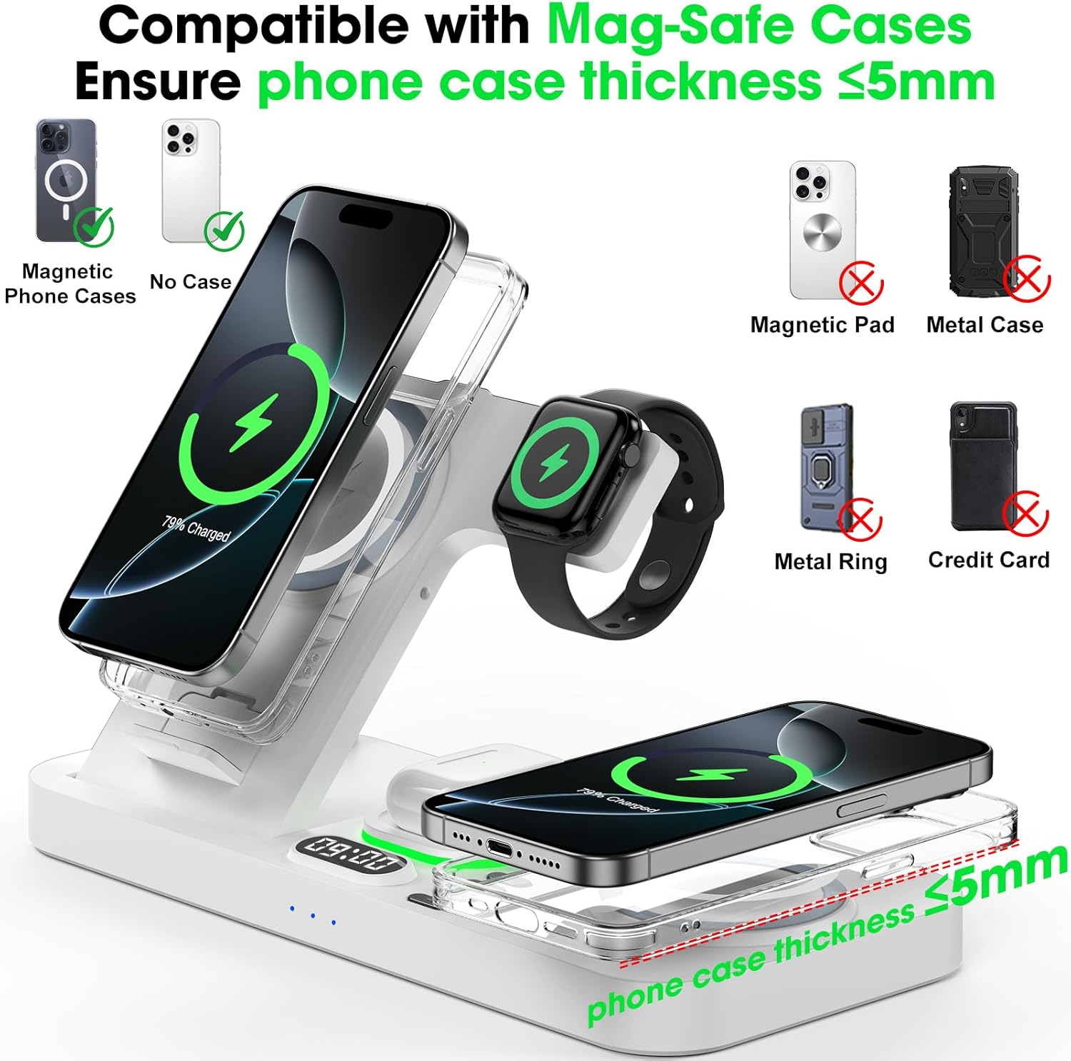 Dual Phone Wireless Charging Station for Apple Devices, Magnetic Charging Station for iPhone with Auto Switch 7-Color Light&Clock, Family Watch Charger for iPhone17 for iWatch11 for AirPods Pro3(Snow)