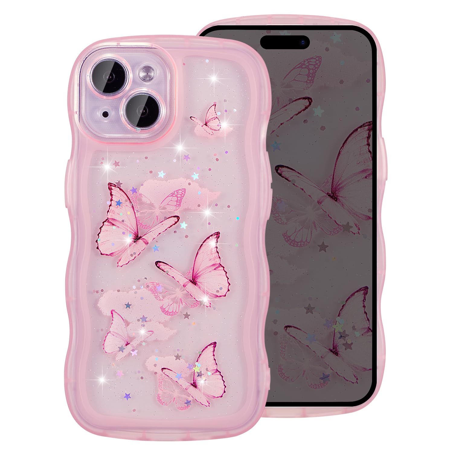 UEEBAI Wave Case for iPhone 13, Cute Bling Butterfly Case for Girl Women Pretty Glitter Sparkle Stars - Image 2