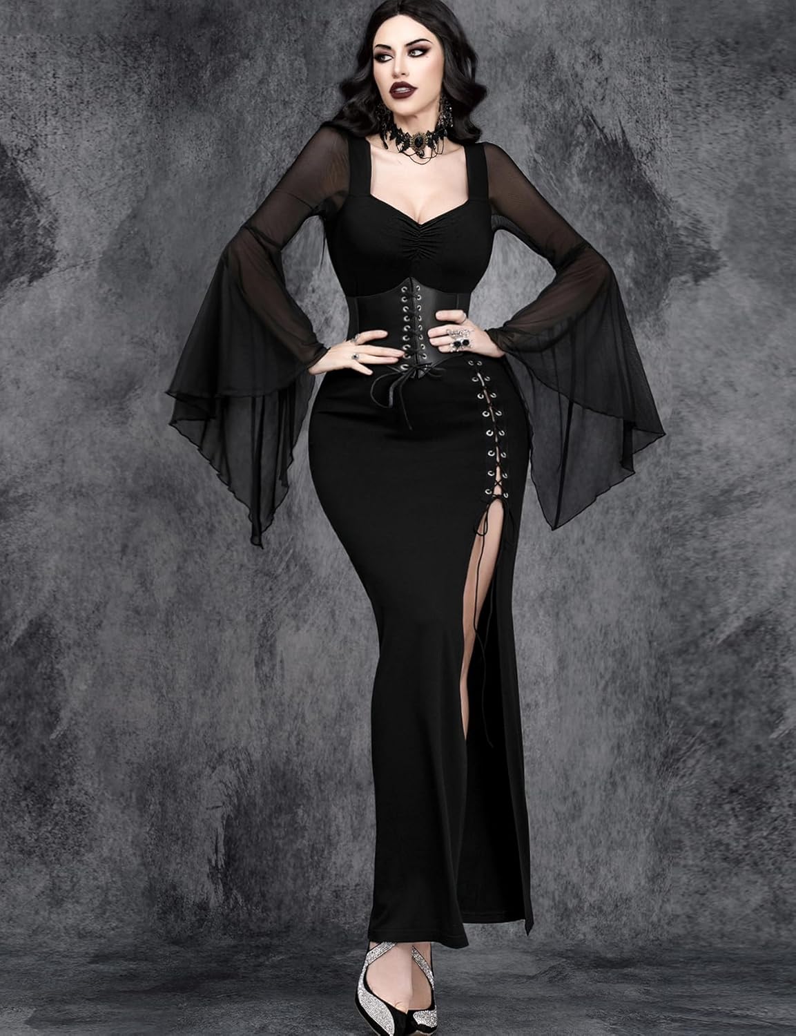 Women Gothic Sexy Slit Flare Sleeve Patchwork Party Dress - Image 2