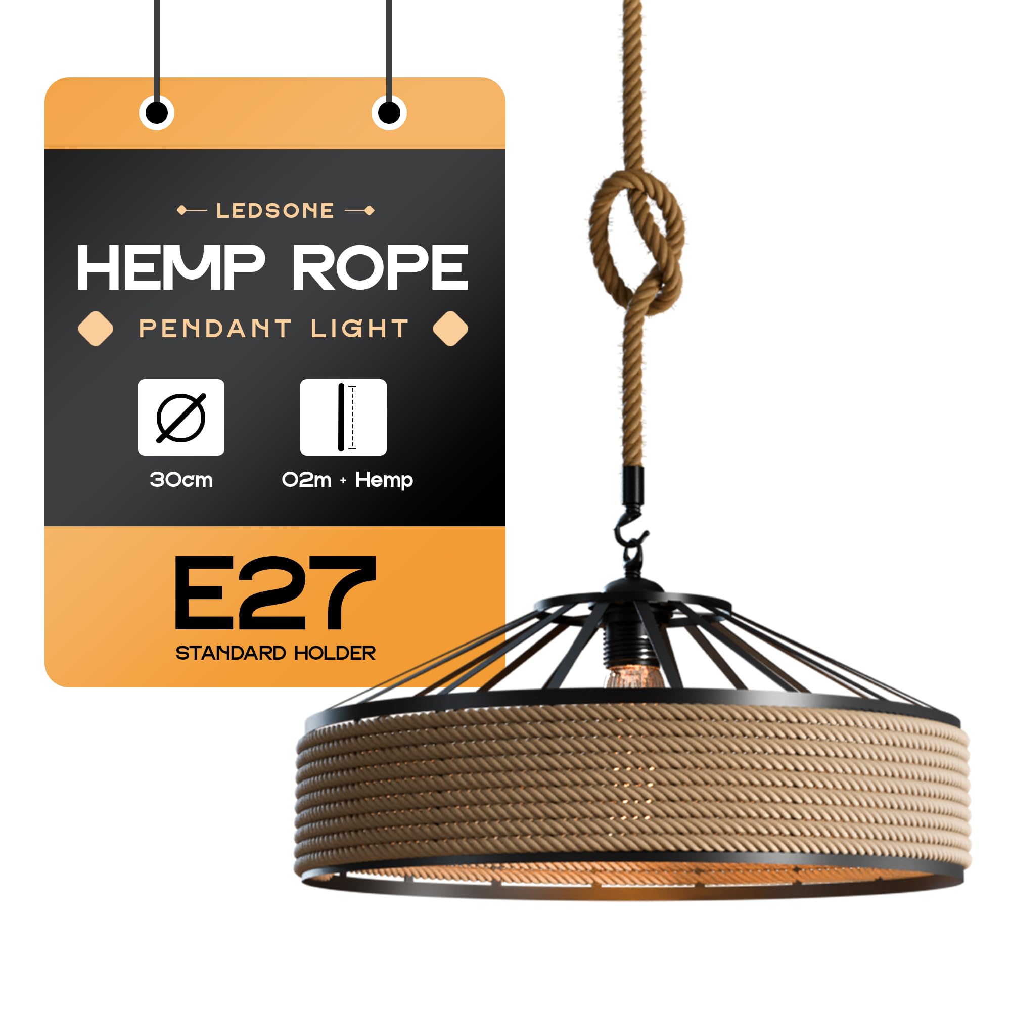 LEDSone Hemp Rope Pendant Light 30cm Black E27 Industrial Cage