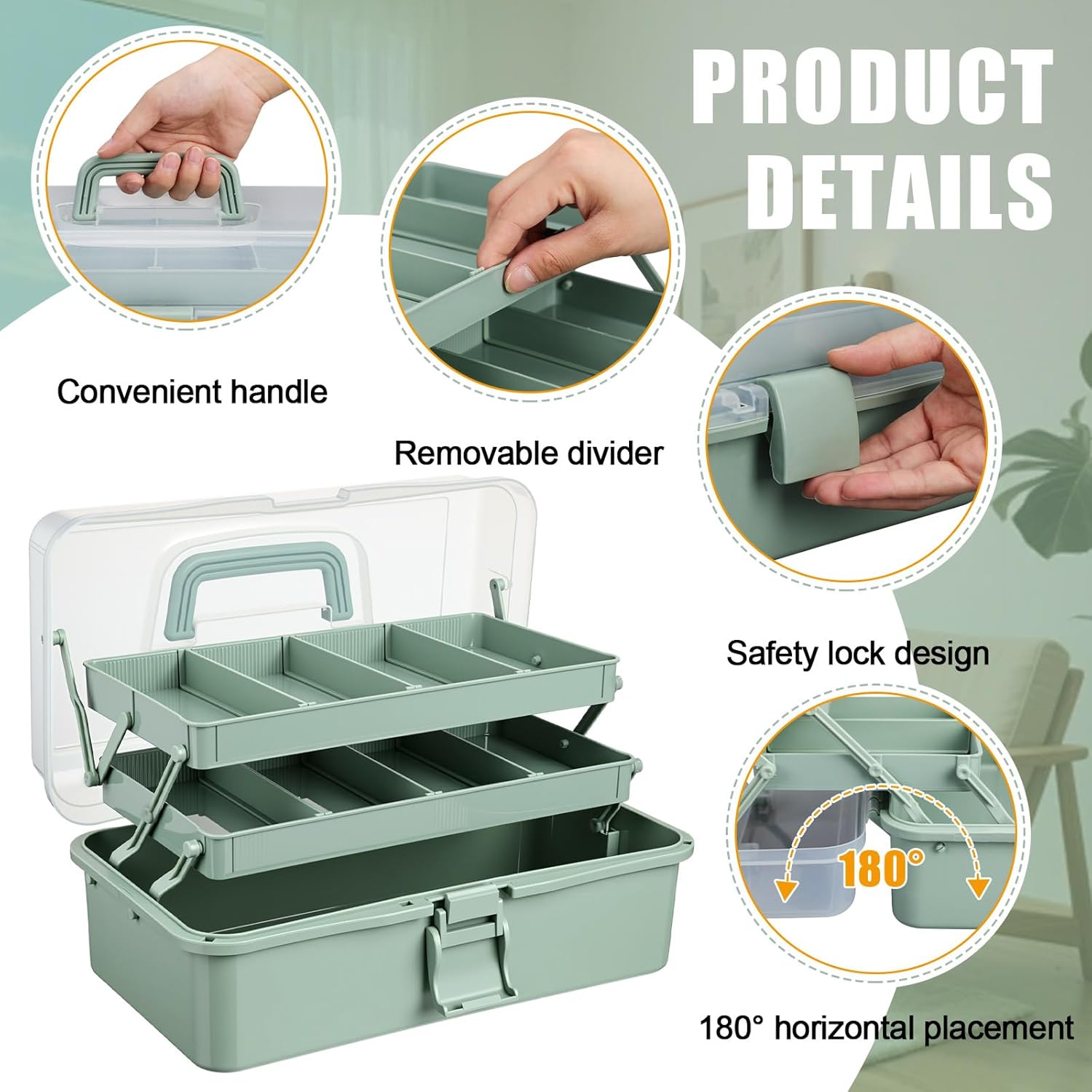 Teecyhooo 2 Pcs 13 Inch 3-layer Multipurpose Craft Organizers Storage Portable Plastic Tackle Box with Adjustable Spacers and Handled Folding Art Craft Case for Sewing Art Supply Medicine(Green)