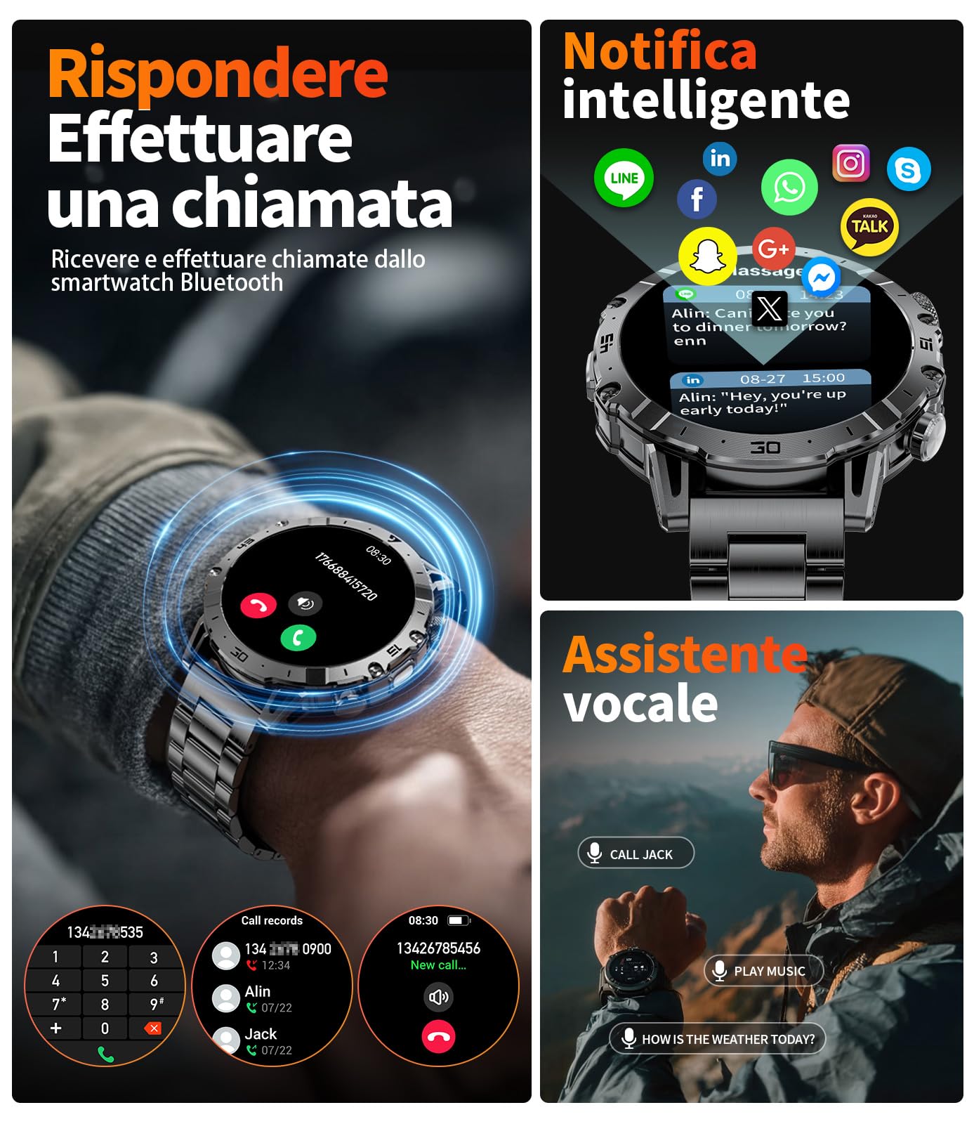 Smartwatch Uomo 1,85'' Display HD, Torcia LED, Batteria 1000mAh, 100+ Modalità Sport, IP68 Impermeabile, Cardiofrequenzimetro e Monitor Sonno, Bluetooth Android iOS, Nero