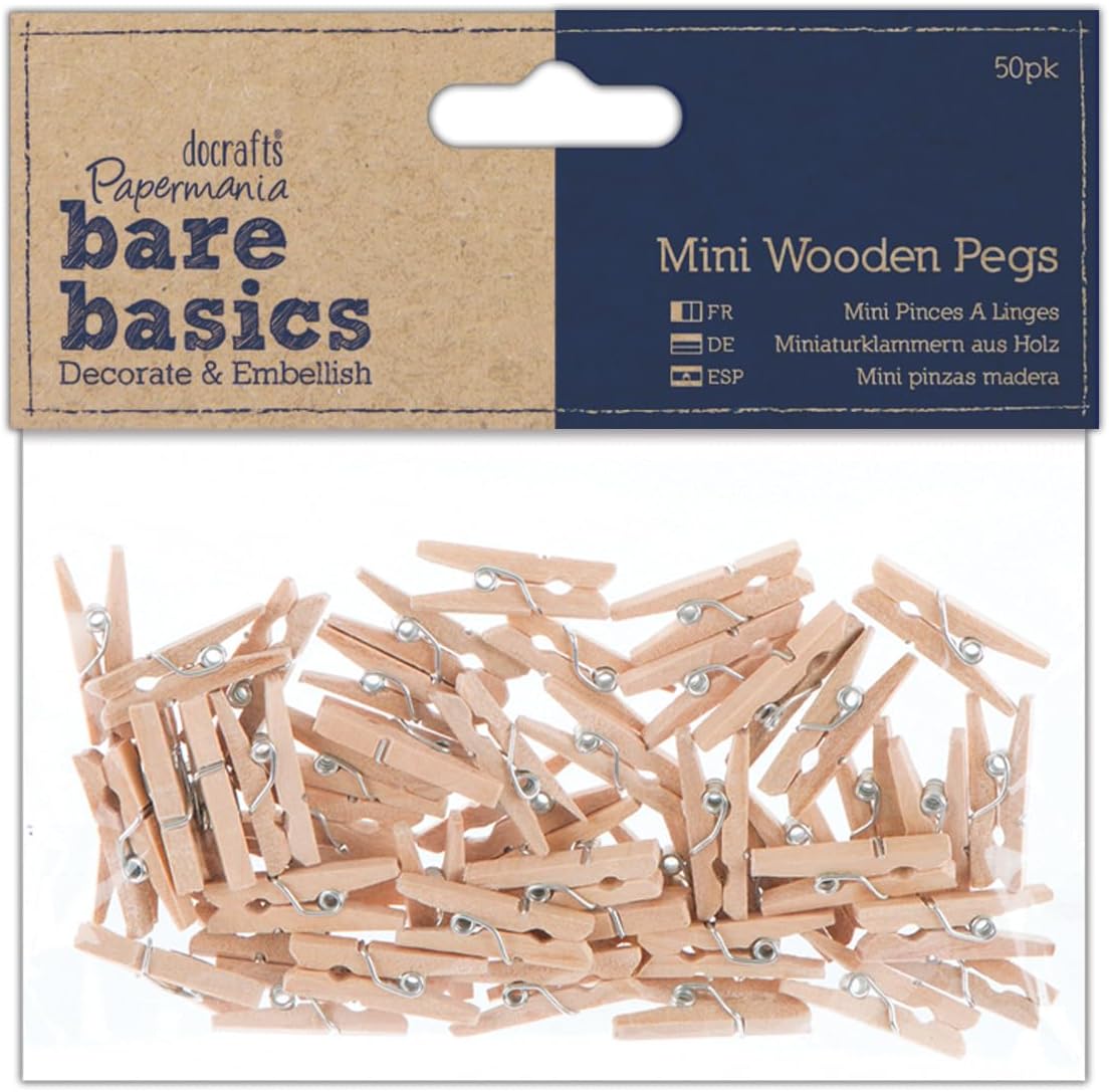 Papermania Wooden Natural Mini Pegs Pack Of 50, For Paper Craft, Decoration, Home Art Decor, Wedding, Tiny Craft Essentials