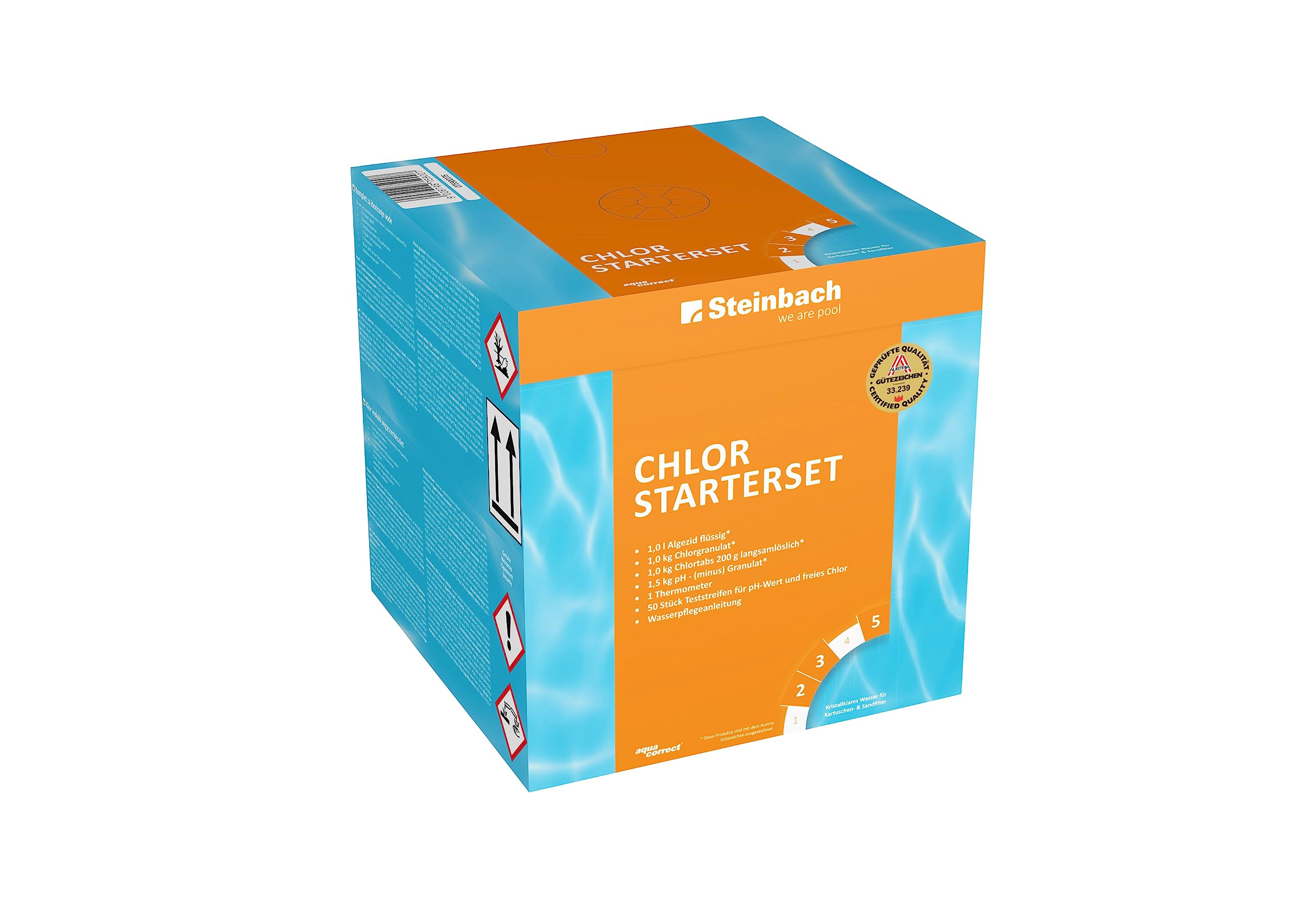 Steinbach Poolpflege Chlor Starterset - 0759001TS - 6-teiliges Komplettset für sauberes Poolwasser - Mit Chlorgranulat, Chlortabletten, Algezid, pH-Minus, Teststreifen & Thermometer