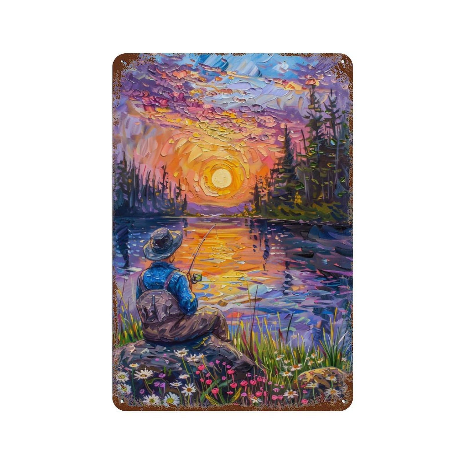 HDURYEYRYY Lakeside Fisherman Sunset Impasto 01 Wall Retro Iron Vintage Art Metal Tin Sign Poster Modern Home Cofffee Club Art Bar Shop Decor 30x20cm