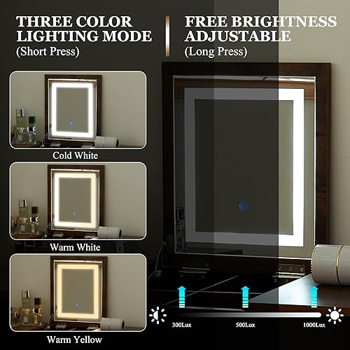 Miniatura 5 de Tocador Pequeño, Tocador Compacto para Niñas con Taburete y Toma de Corriente, Escritorio de Maquillaje con Espejo y Luz LED, Mesa de Tocador