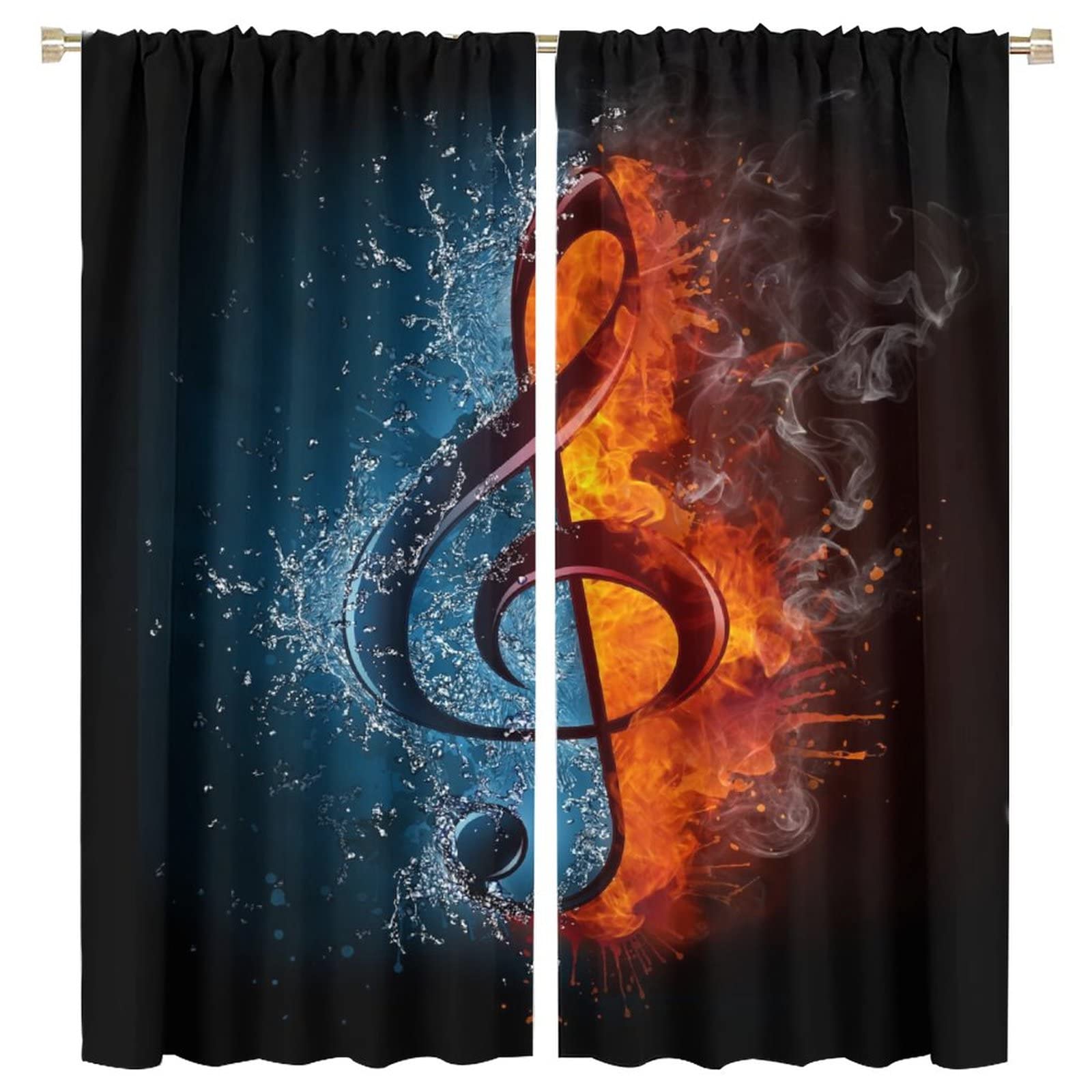 Music Curtains,Musical Notes Water Fire Theme Room Darkening Thermal Insulated Rod Pocket Window Curtain 2 Panels for Living Room Bedroom Decor W63xL72in
