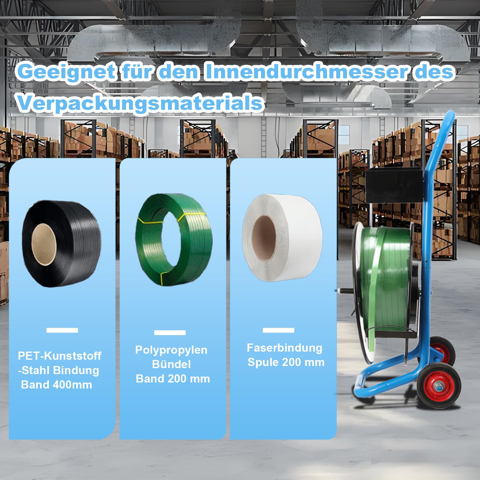 Abrollwagen für PET-/PP-/Faser-Umreifungsband mit 203 mm Kern, robuster Profi Umreifungsspender, fahrbarer Umreifungswagen Abroller umreifungsgerät mit Anti-Rückzugsrollen, verbessertem Bremssystem