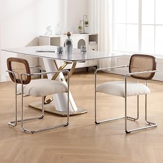 chairus Sillas de Comedor Tapizadas de Lana Sintética Juego 2 de Sillas de Cocina con Respaldo Madera, Sillas de Salón Modernas con Patas de Metal para Hogar/Restaurante, Blanco