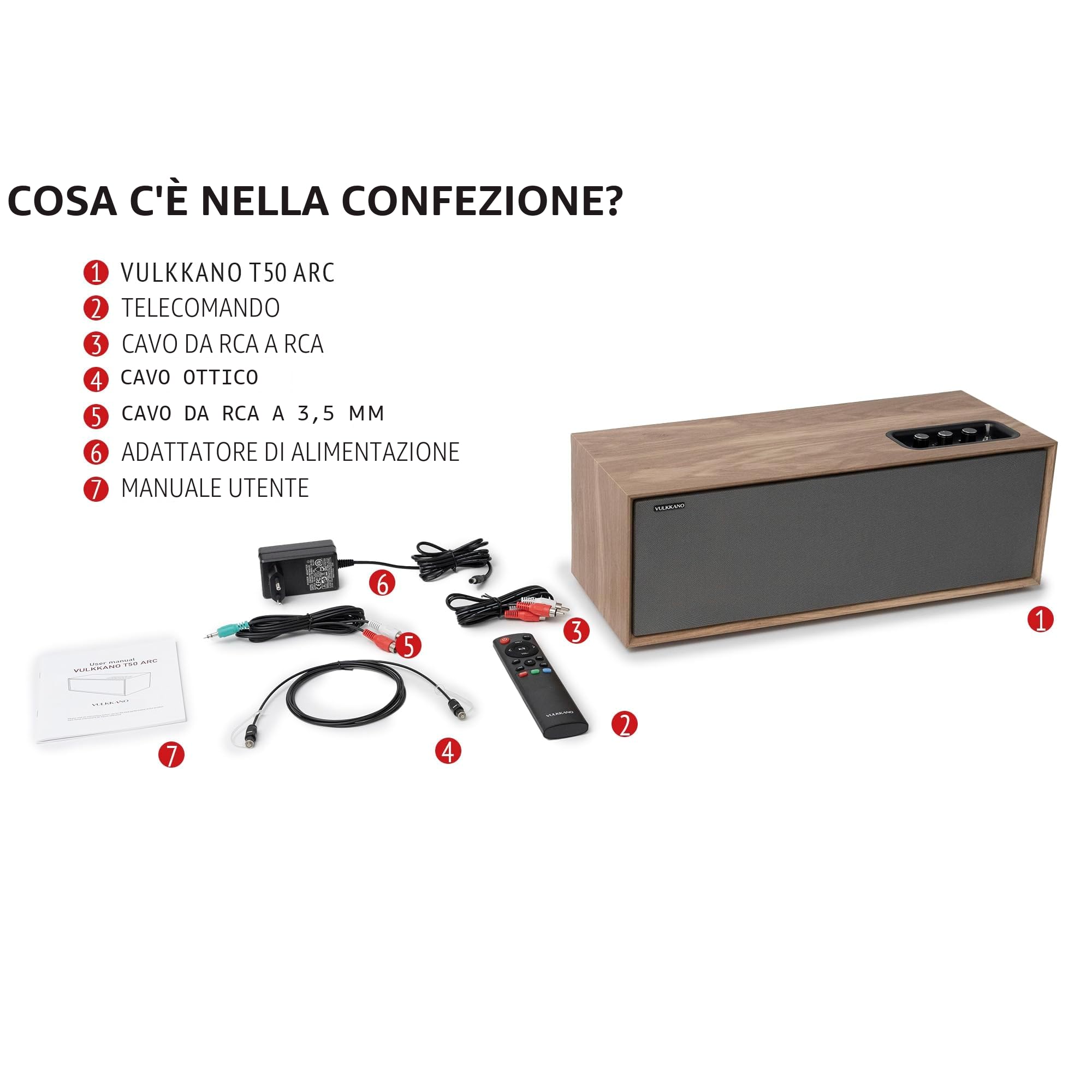 VULKKANO T50 ARC Cassa Amplificata con 50W di Potenza, Woofer da 4" a Doppio Tubo, Bluetooth 5.0, HDMI ARC, Optica, RCA, USB, Telecomando Altoparlante da tavolo, TV o Scaffale, Colore Brown