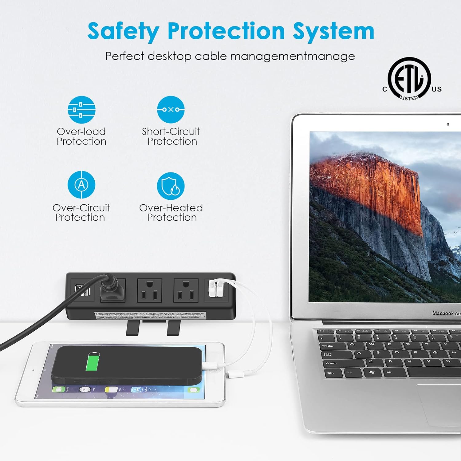 3 AC Outlet Desk Clamp Power Strip, Desk Mount USB Charging Power Station, Removable Desktop Edge Power Center Plugs Output 125V/60HZ/12A/1500W, USB 5V/4A 6.56FT Cable
