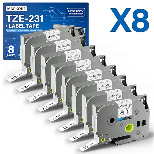 TZe-231 Label Maker Tape 12mm 0.47 Inch (1/2") Laminated White, 8-Pack Black on White TZe/TZ Tape Refills, Compatible with PT-D210 PT-H110 PT-D220 PT-D400 PT-D410 PT-D460BT PT-D600 PT-P700, 26.2 ft