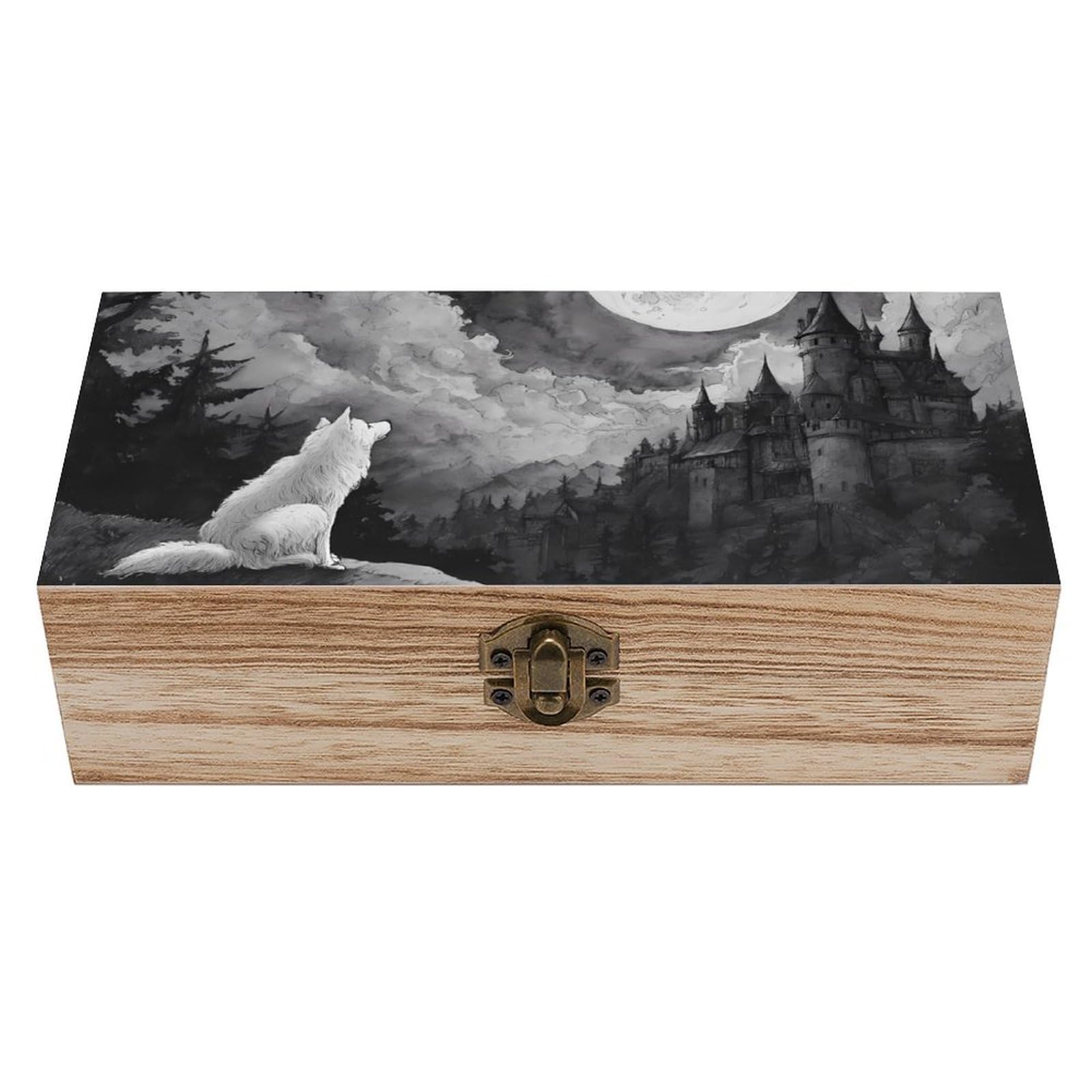 HLBSDM Wolf Ancient Castle Full Moon Wooden Storage Box Craft Memory Keepsake Treasure Chest Box Jewelry Organizer