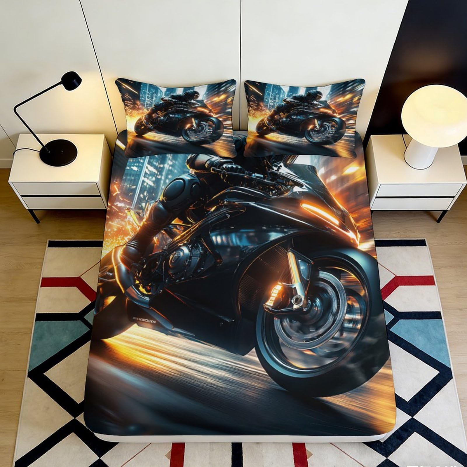 3D Printed Motorcycle Themed Fitted Sheet Microfiber Deep Pocket Bedroom Bedding Elastic Hem Motorcycle Mattress Fitted Cover Washable 160x200x25cm