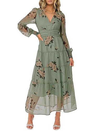 ANRABESS Womens Floral Long Sleeve Maxi Dress V Neck Chiffon