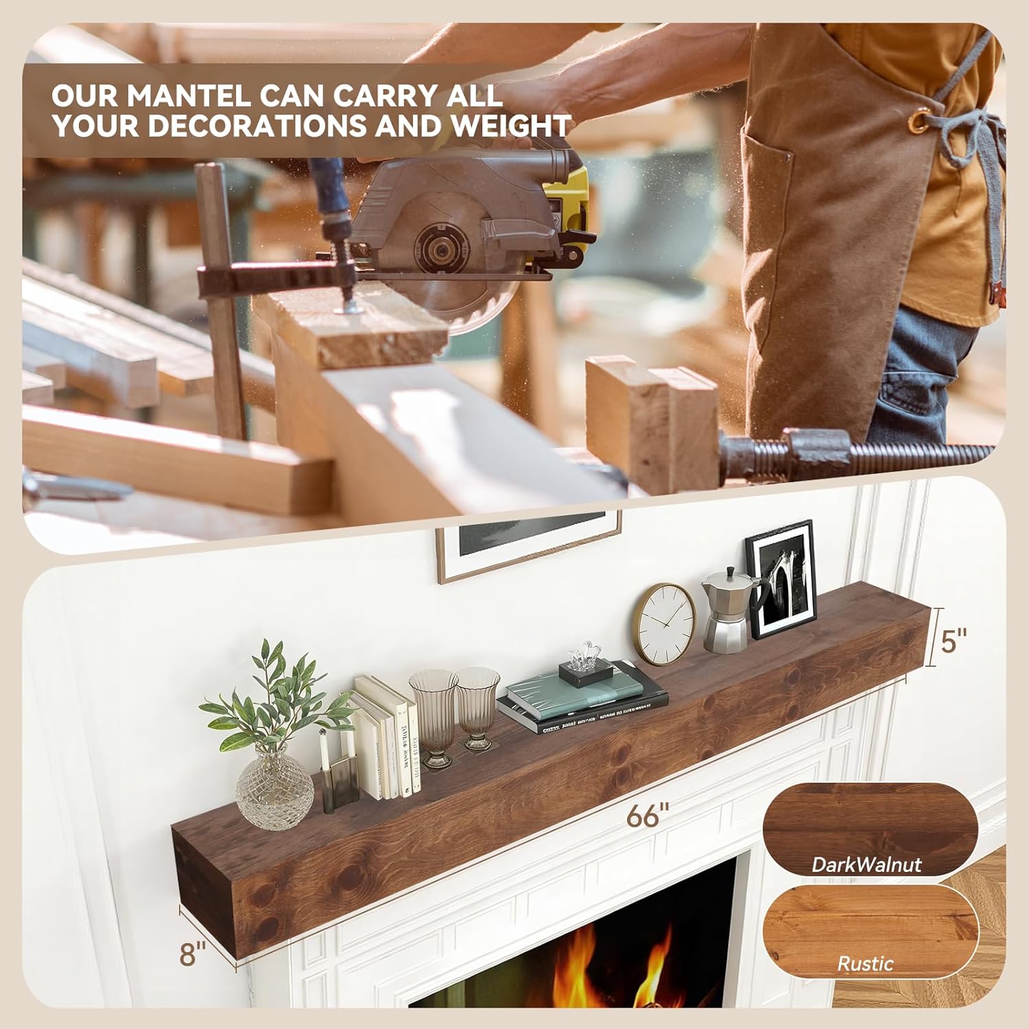 Fireplace Mantel - Rustic Floating Mantel Shelf - Solid Wood Mantel with Invisible Support Bracket - Wall Mantel Shelf for Farmhouse (DarkWalnut, 66" L x 8" D x 5" H)