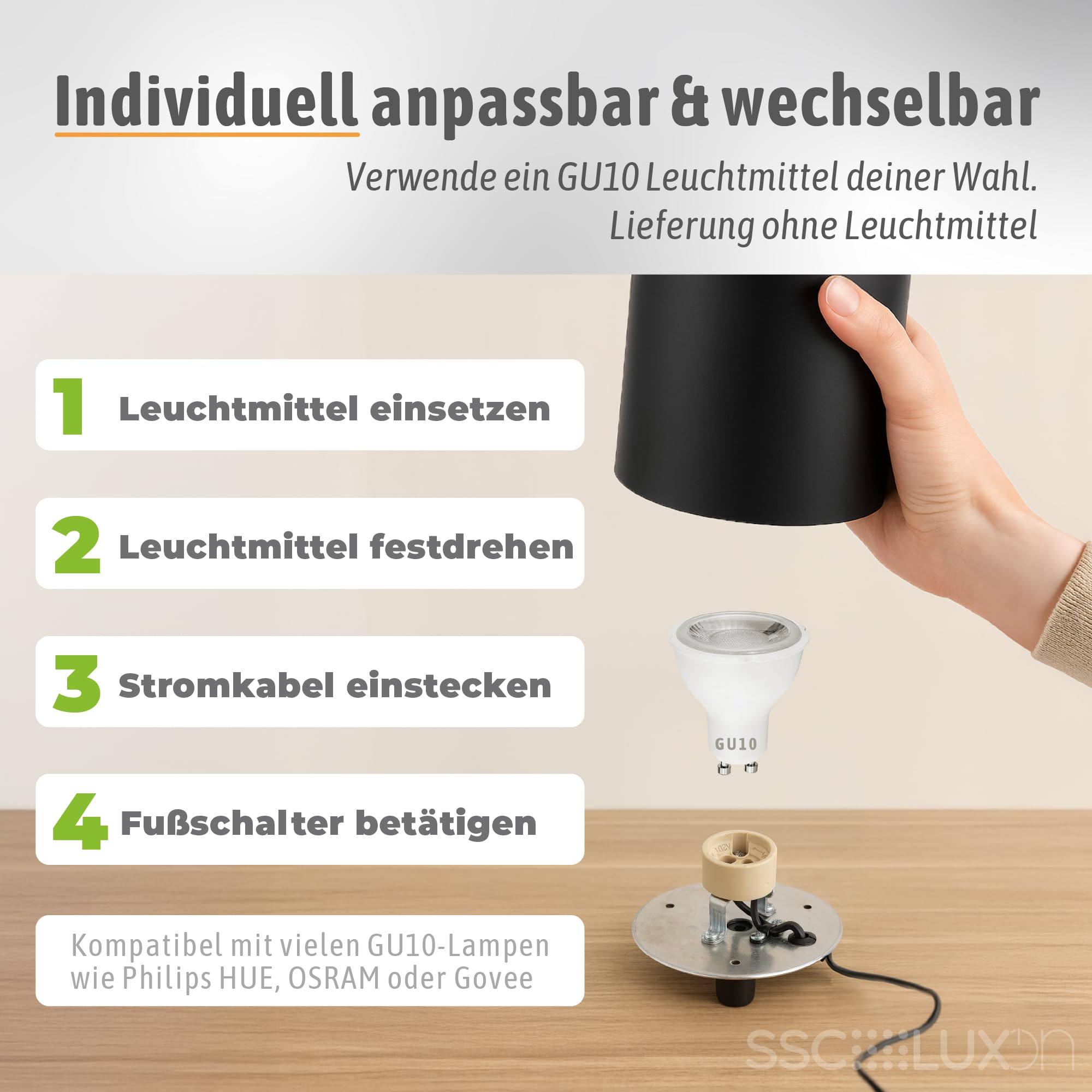 SSC-LUXon AUREVA 2er Set Bodenlampe Innen schwarz gold – Wohnzimmerlampe Stehlampe 22 cm für GU10 Leuchtmittel Uplight Spot Wandstrahler