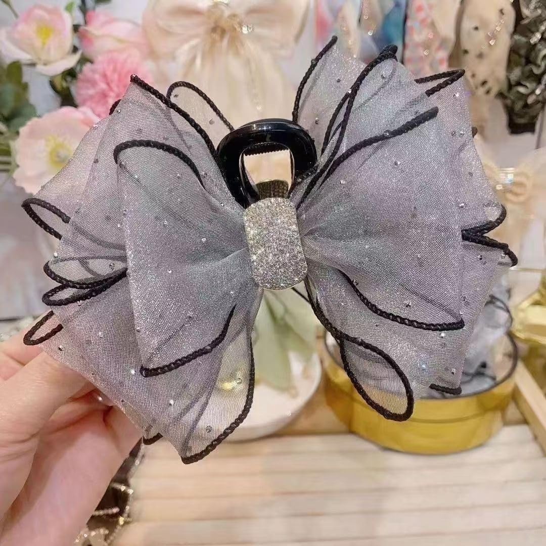 Grey mesh, rhinestone, butterfly knot, grab clip, large size, women's high-end, back of the head, coiled hair, shark clip, hair accessory, hair clip