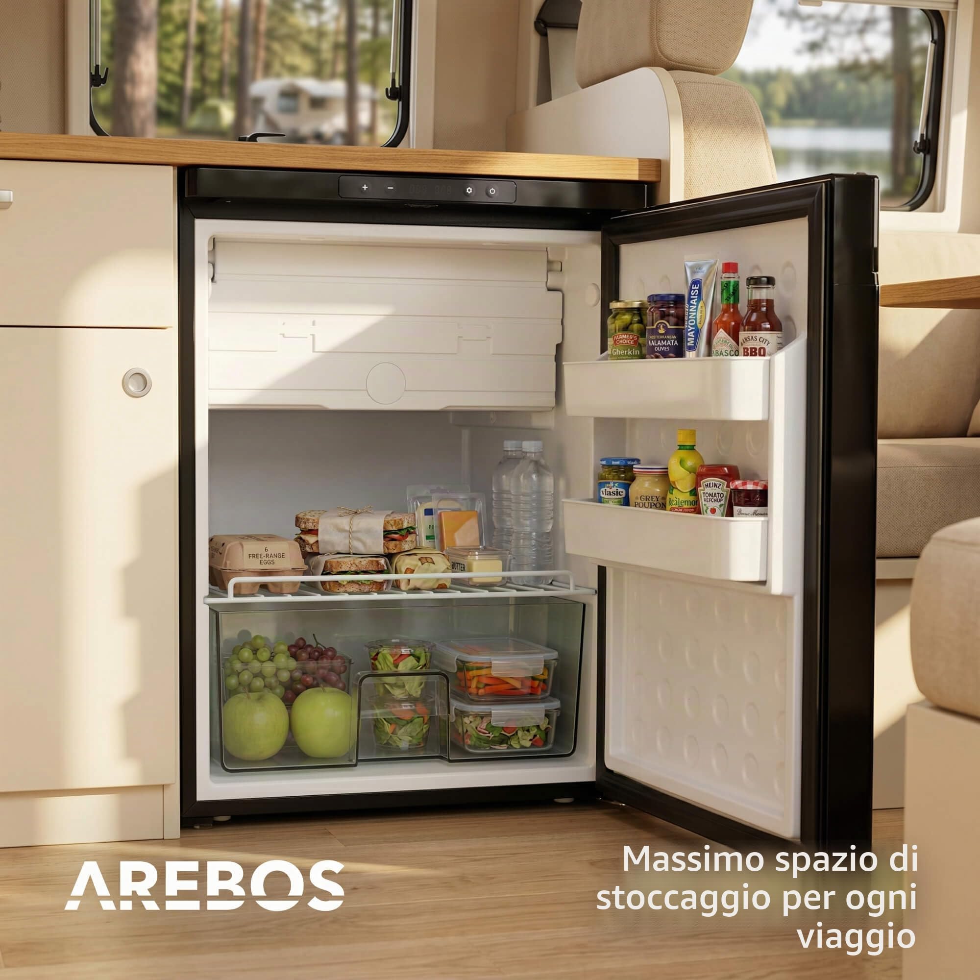 AREBOS Frigorifero a Compressore per Camper 65L con Scomparto Congelatore | Controllo APP | 12V/24V | Fino a -20°C | Porta Reversibile | Frigorifero per Camper, Van, Auto e Camion