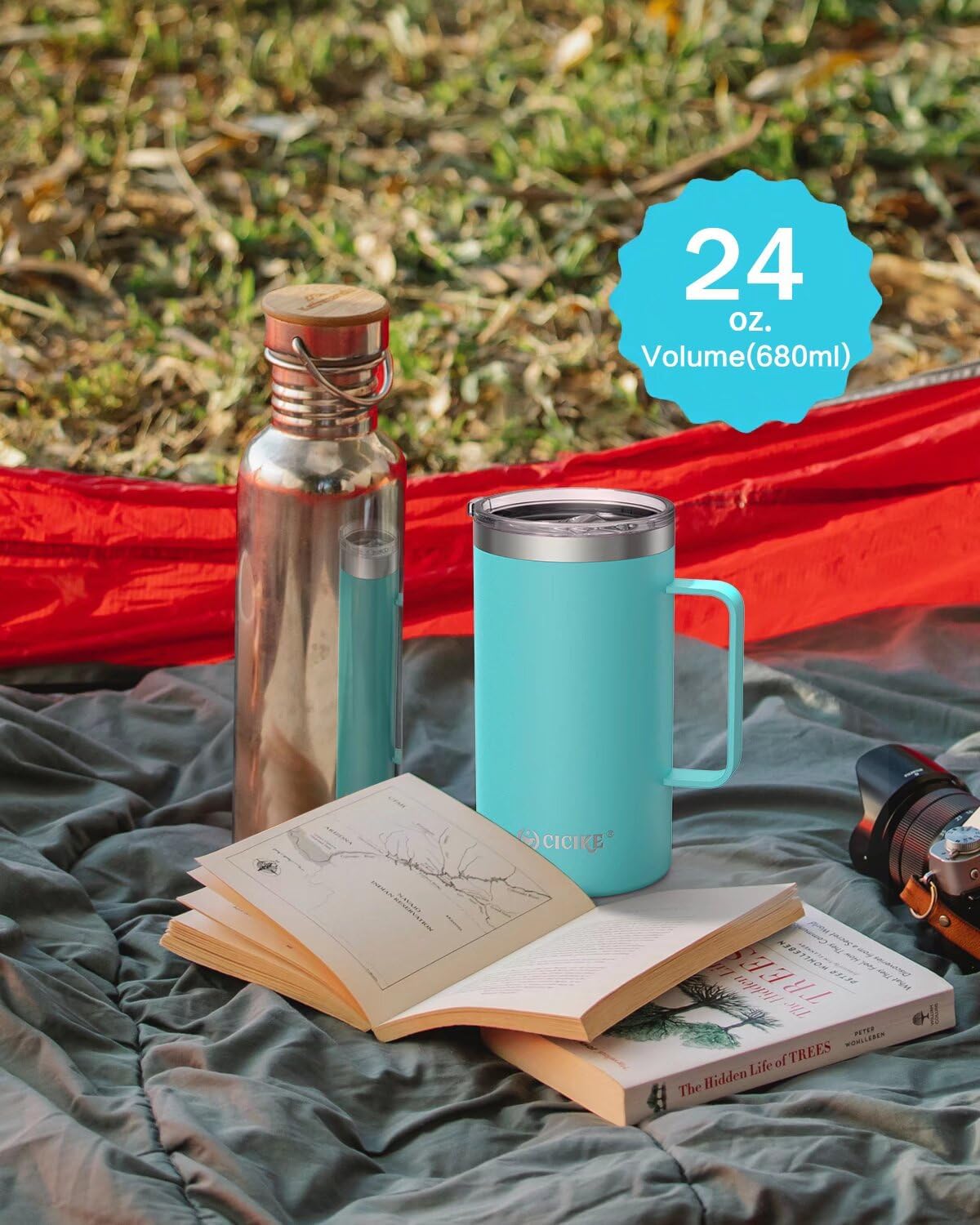 24 Ounces Travel Mug with Handle and Lid, Insulated, Stainless Steel Coffee Mug, Camping Gift for Men and Women, Keep Cold for 9 Hours and Hot for 3 - Image 4