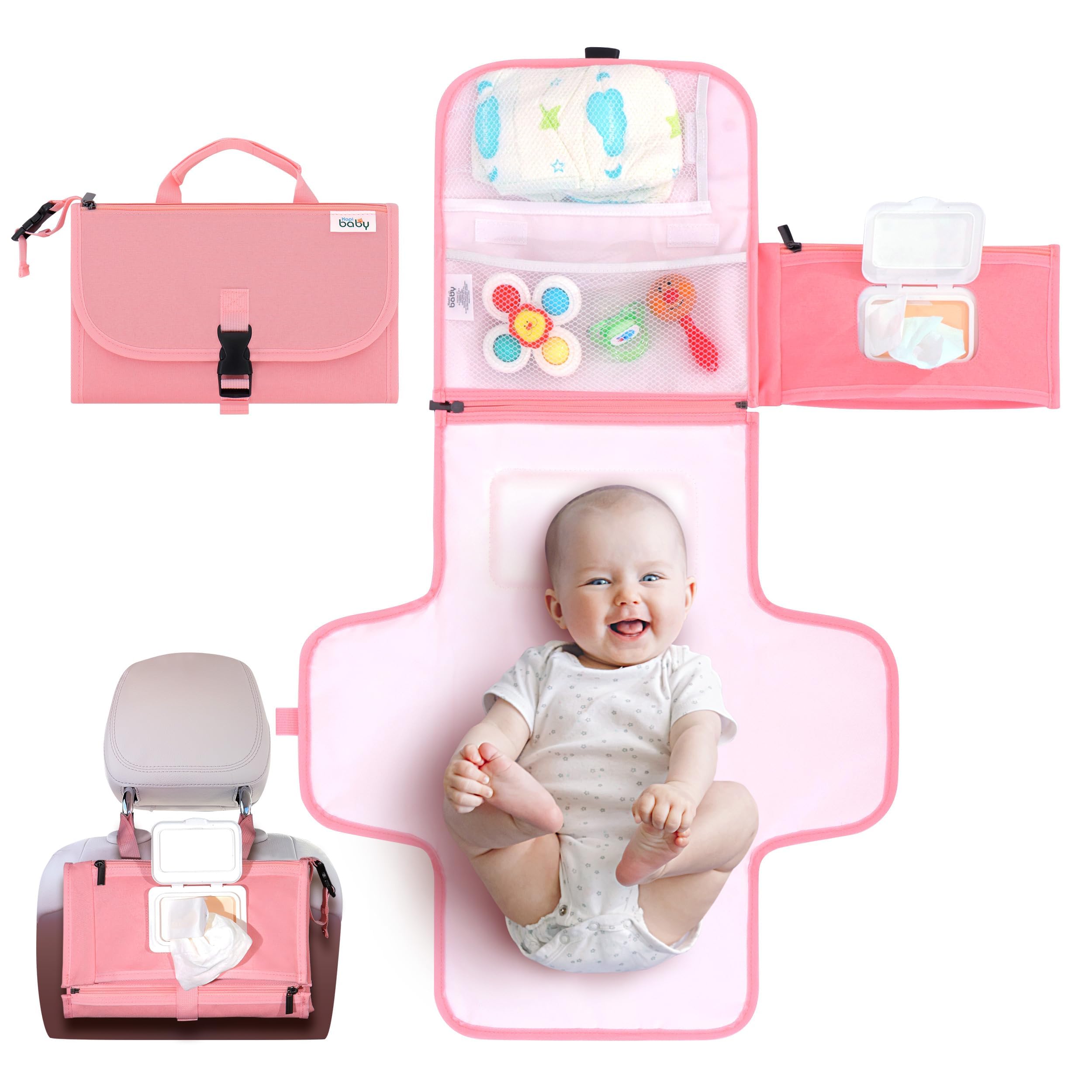 Portable Diaper Changing Pad for Baby – Travel Diaper Changing Mat with Wipes Pocket & Built-in Pillow, Foldable Baby Diaper Clutch Bag for Newborn Girl Boy, On-the-Go Infant Changing Station