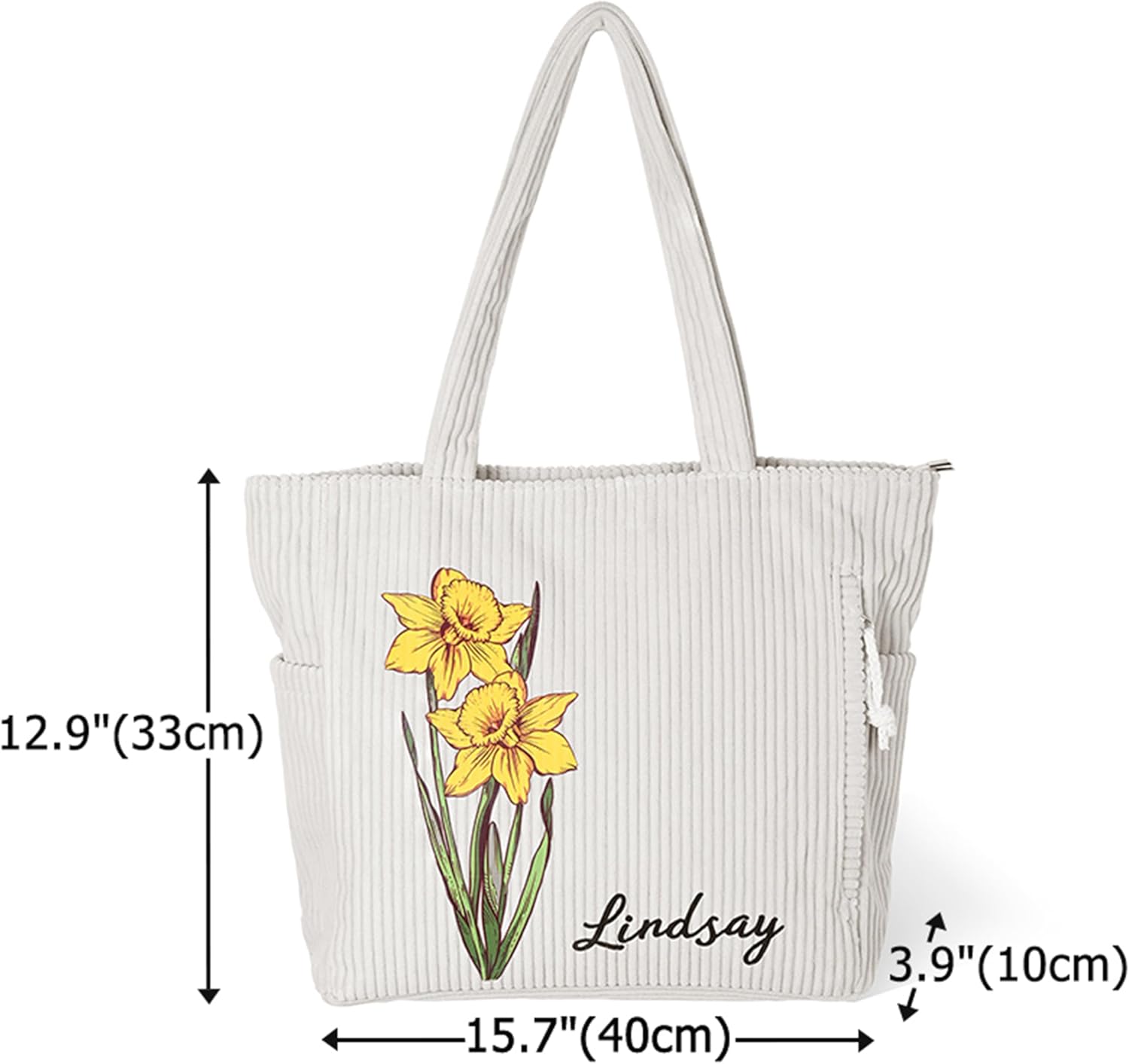Personalized Birth Flower Corduroy Tote Bag for Women, 4 Color Options Custom Name Large Size Shoulder Bag with Zipper, HandBags with Pockets for Work Travel Shopping - Image 4