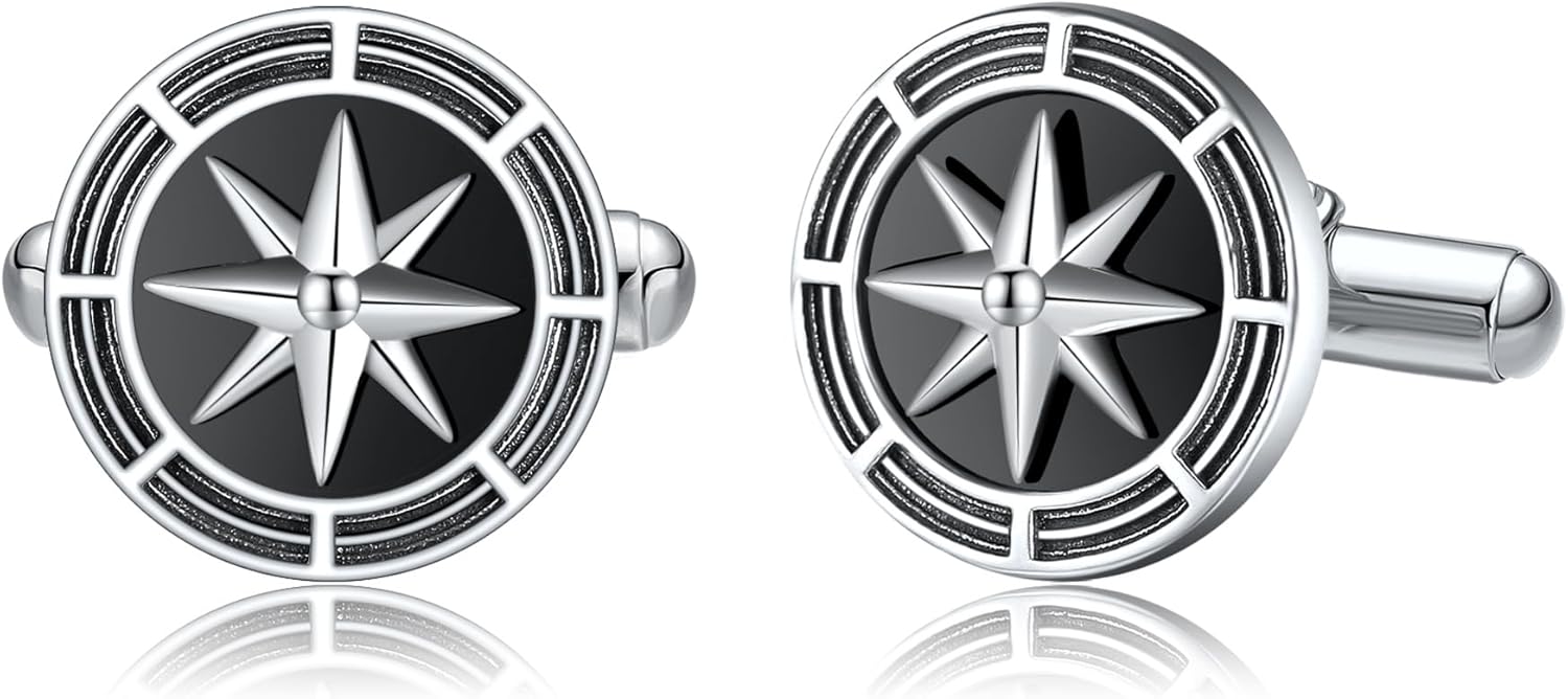 Comapss/Viking/Airplane/Sanit Michael/Firefighter/Masonic/Guitar Cufflink 925 Sterling Silver Abalone/Black Onyx Cufflinks for Men Tuxedo Shirt Executive Groom Father Wedding Present for Men