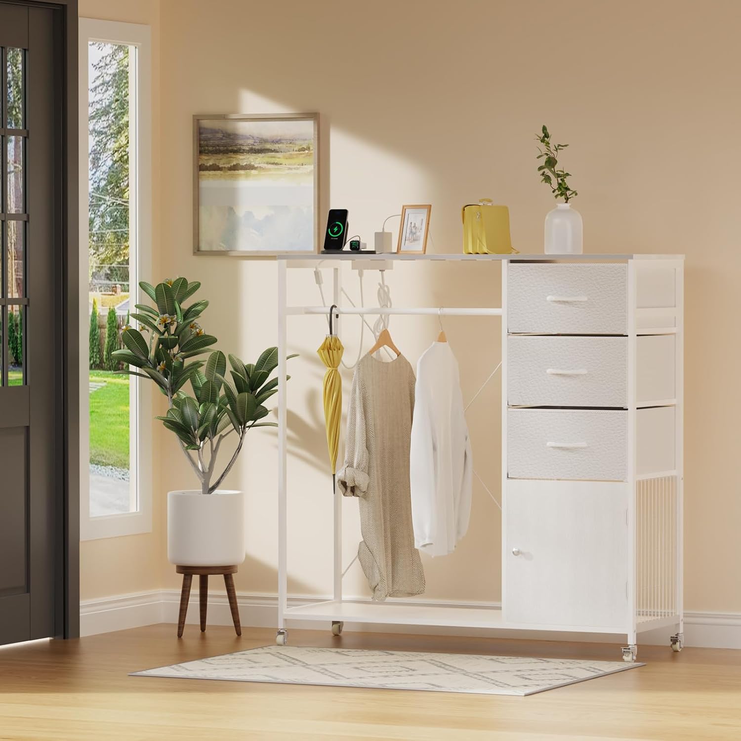 ITEFDTUTNE Dresser for Bedroom, Dresser with Clothes Rack Led Lights and Charging Station, White Bedroom Dresser with 3 PU Finish Drawers Storage Cabinet, for Living Room, White, W00802