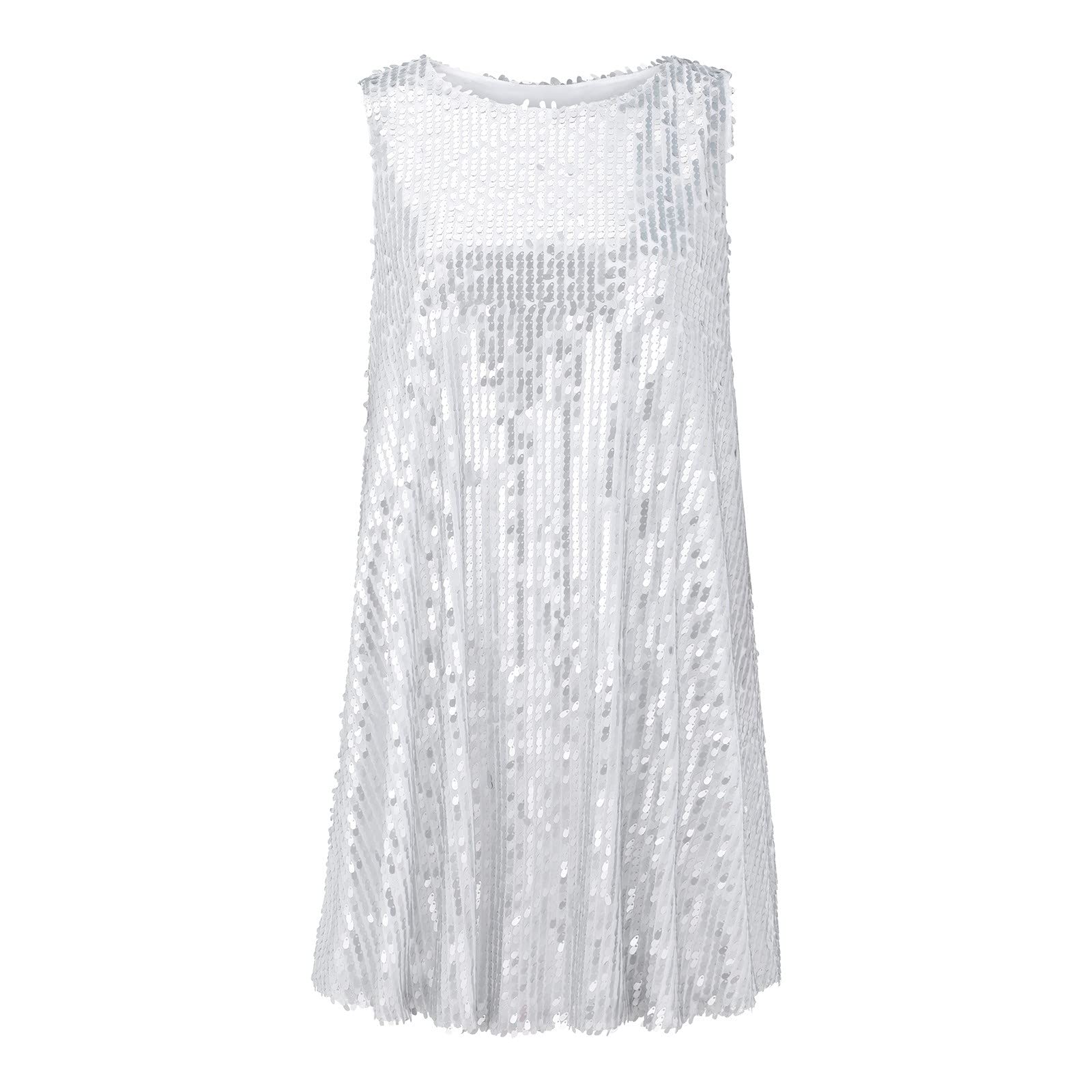 Generisch Abito da donna senza maniche, lunghezza al ginocchio, con piume argentate e paillettes