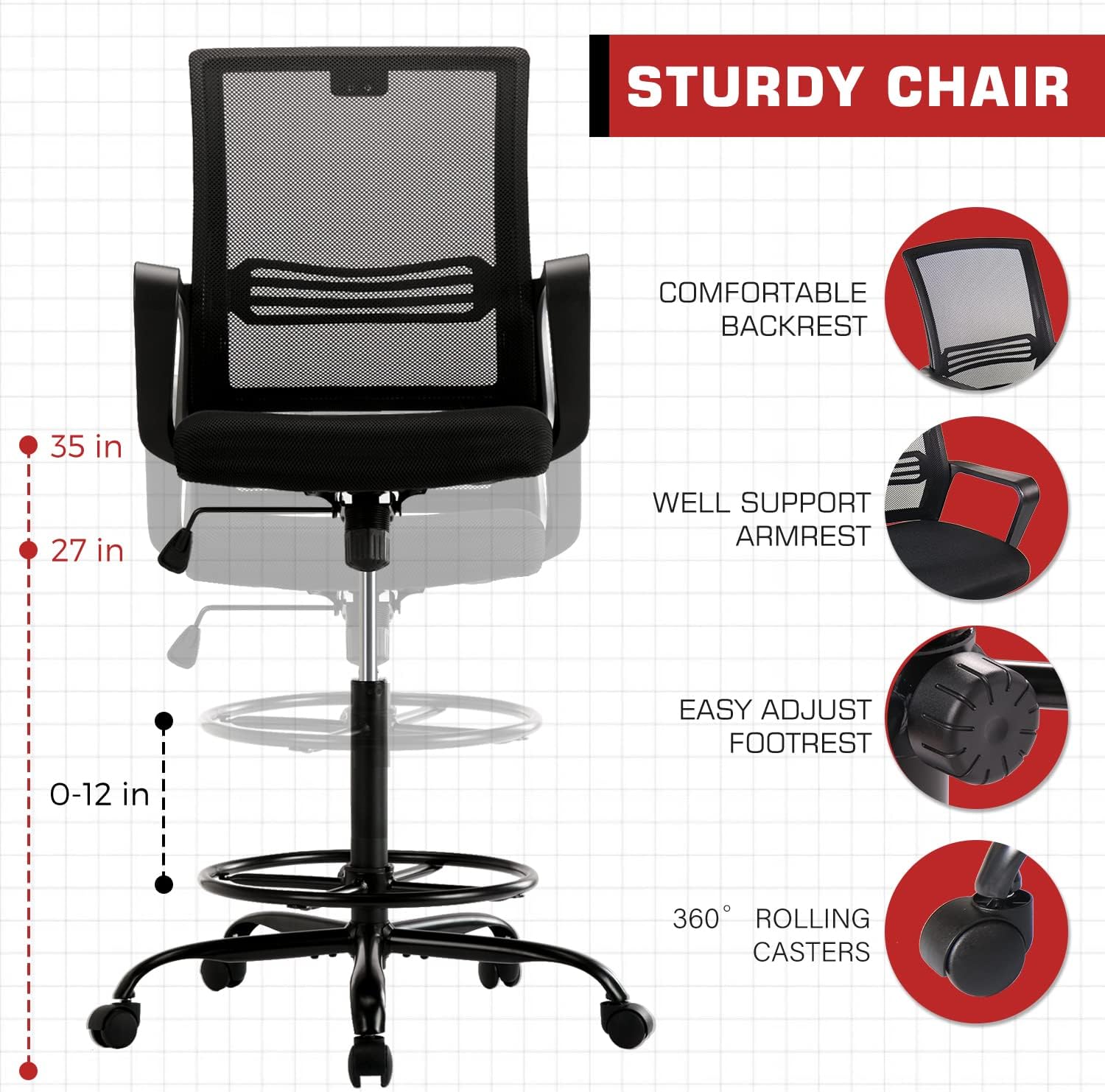 HOMEFLA Mid-Back Mesh Drafting Chair - Tall Office Chair with Armrest Standing Desk Chair Counter Height with Adjustable Foot Ring (Black) : Office Products