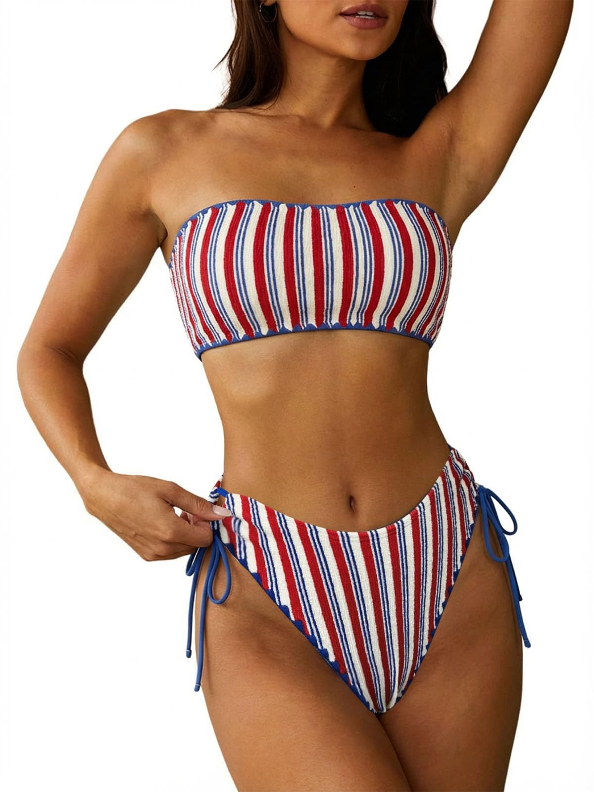 ZAFUL Women Strapless Textured Bandeau Bikini 2 Piece Swimwear Cheeky Solid Lace up Bathing Suits