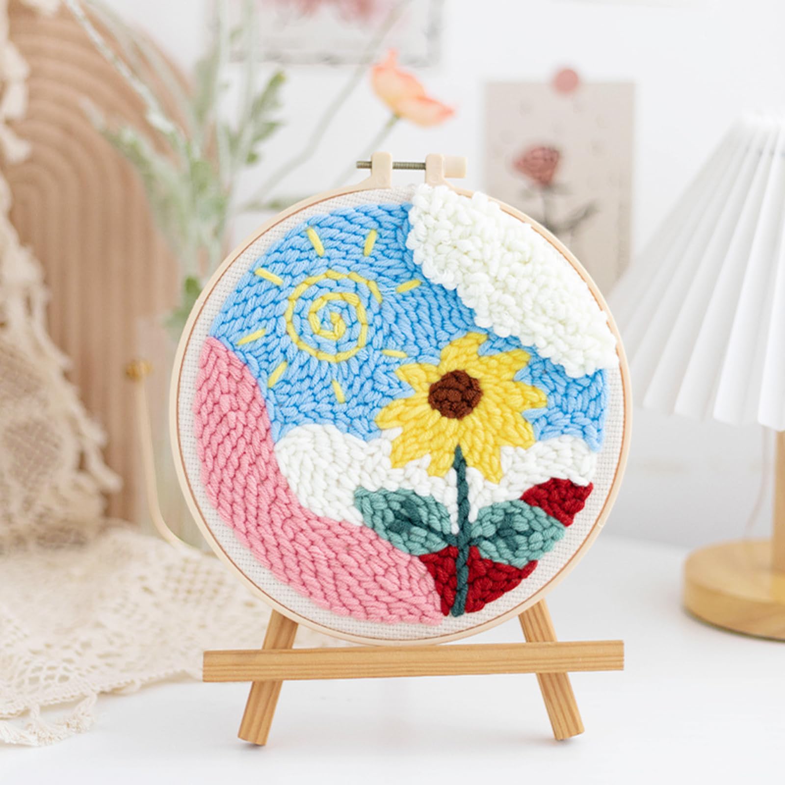 Kit Punch Needle Complet Woohome – Soleil Et Ciel Bleu, 3 Toiles Pré-imprimées, Cerceaux 20 Cm, Fils, Aiguilles Et Instructions Pour Débutants