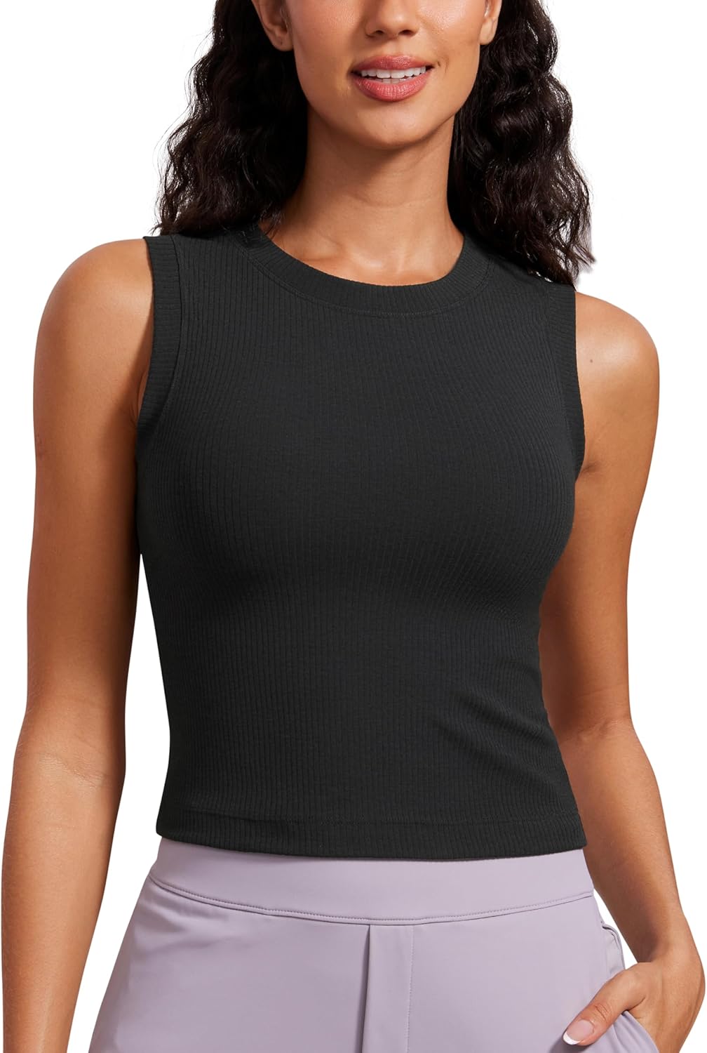 CRZ YOGA Womens Ribbed High Neck Tanks Sleeveless Fitted Basic Tops Going Out Casual Yoga Workout Shirts