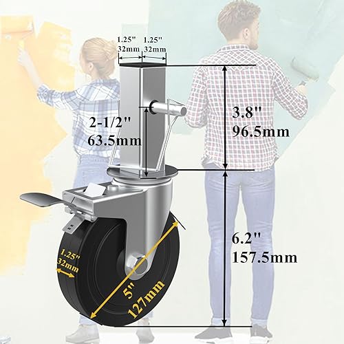Miniatura 2 de Ruedas de andamio de 5 pulgadas, juego de 2 ruedas de andamio de panadería resistentes con frenos de bloqueo duales, ruedas de goma cuadradas de