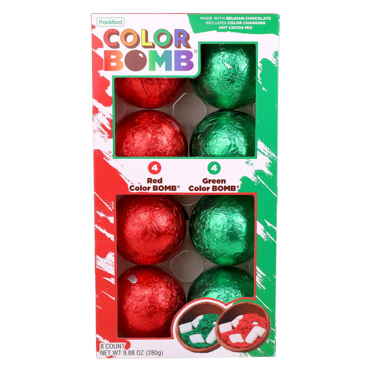Frankford Color Changing Hot Chocolate Bombs, 8 Count Gift Set, Red and Green Belgian Chocolate Bombs, Christmas Cocoa Stocking Stuffers