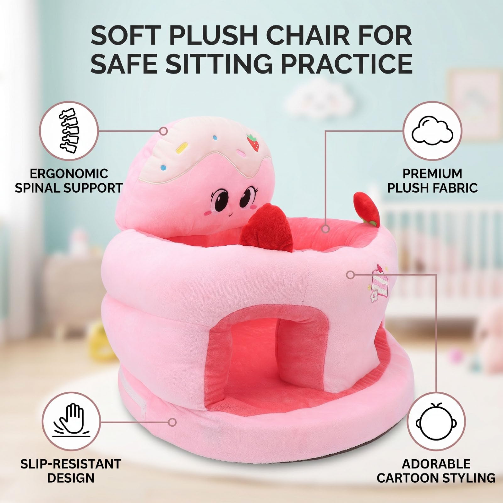 Asixxsix Seggiolino per Neonati da 3 a 24 Mesi, Peluche (Torta) | Simpatico animaletto a forma di, supporto ergonomico per la schiena, fondo antiscivolo, regalo per seggiolone portatile