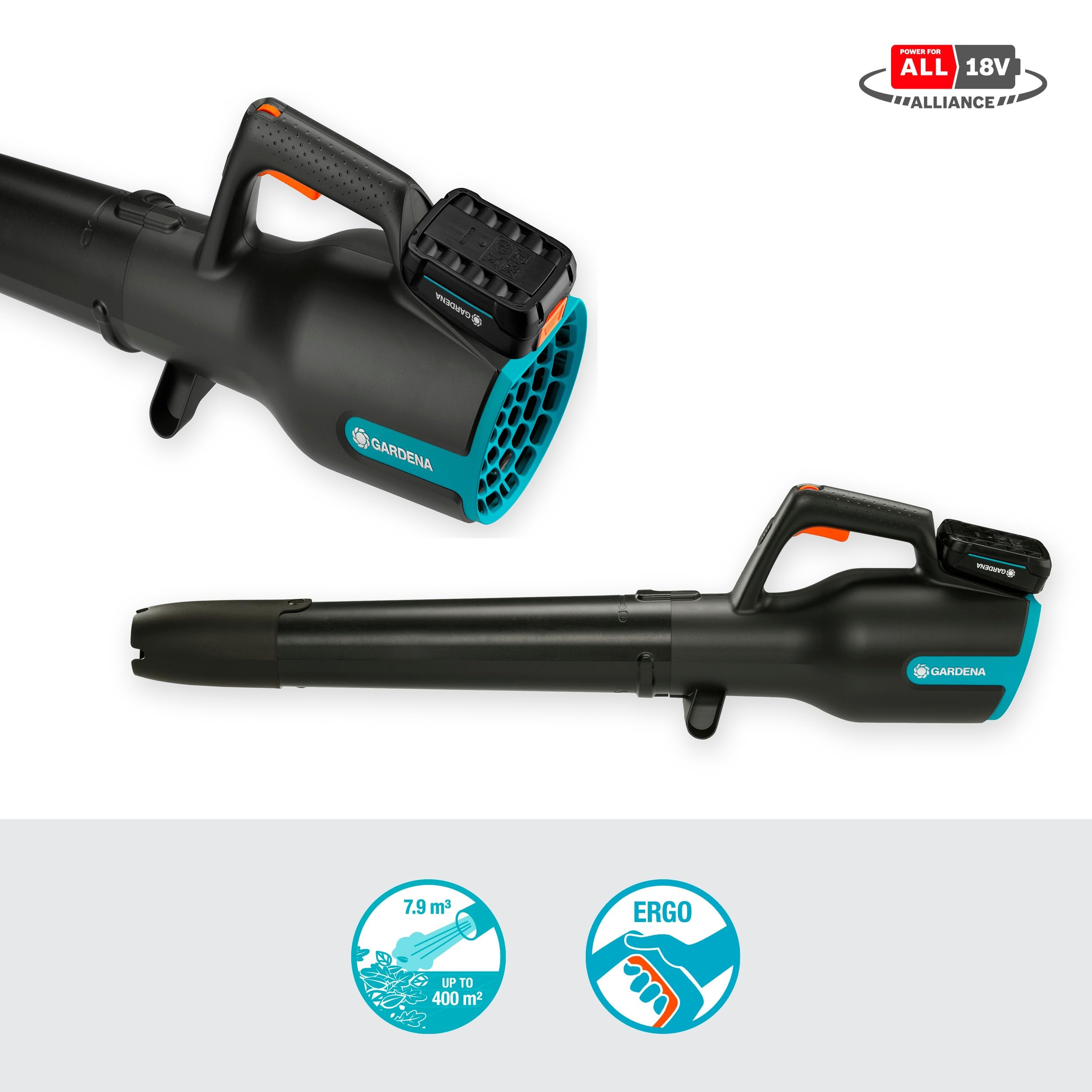 Gardena Soplador de batería PowerJet 18V P4A Set listo para usar: Eliminación de hojas, Velocidad ajustable, Alto volumen de aire, Ligero, Sin cable (14890-20)