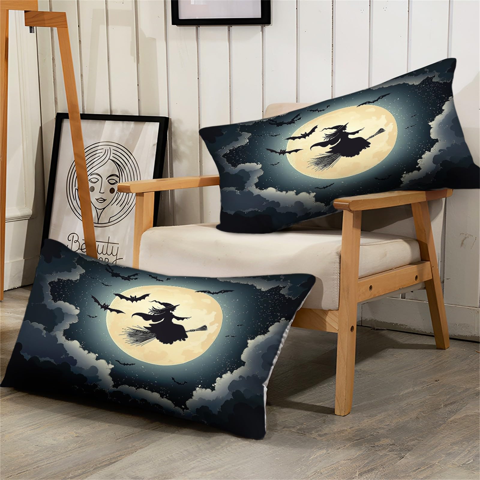 Prześcieradło z gumką w rozmiarze king size, na Halloween, czarownica, nietoperz, prześcieradło z mikrofibry, 160 x 200 cm, nie kurczy się i nie mechaci się, można prać w pralce, podwójne