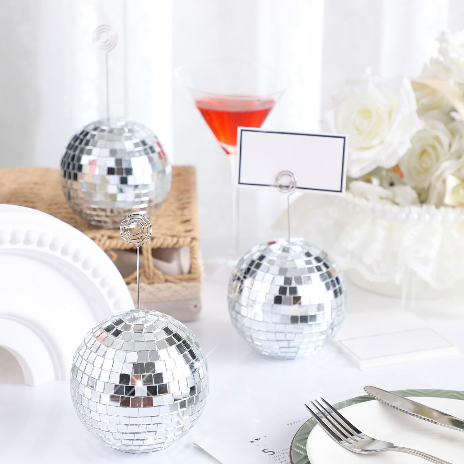 Maitys 60 Pcs Disco Ball Table Number Holders Disco Bachelorette Party Decor Silver Place Card with Swirl Wire Name Cards Photo Stand Clips Picture Holder for Wedding Party Favor (4 Inch)