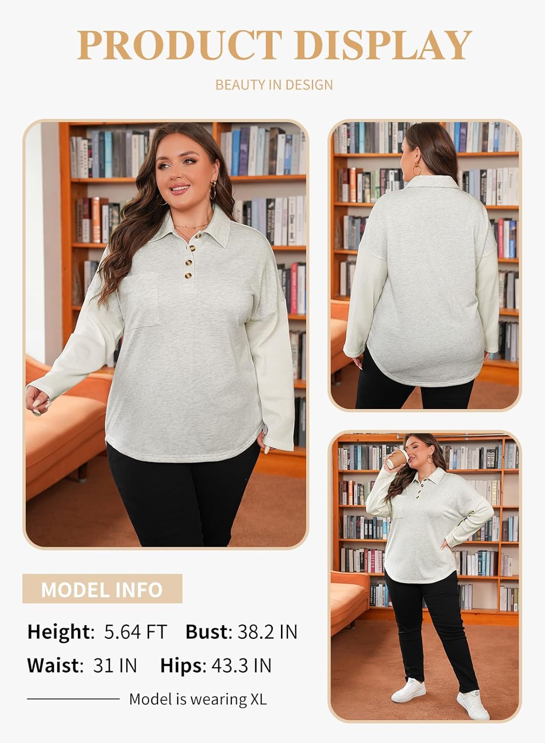 Eytino Plus Size Sweatshirts for Women Button V Neck Long Sleeve Waffle Patchwork Oversized Pullover Shirts Tops(1X-5X) - Image 3